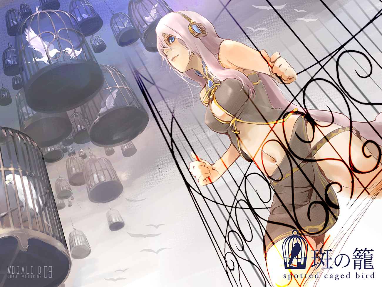 sachio, megurine luka, vocaloid, 1girl, bird, blue eyes, breasts, cage, female focus, headphones, kneeling, large breasts, long hair, midriff, navel, pink hair, solo