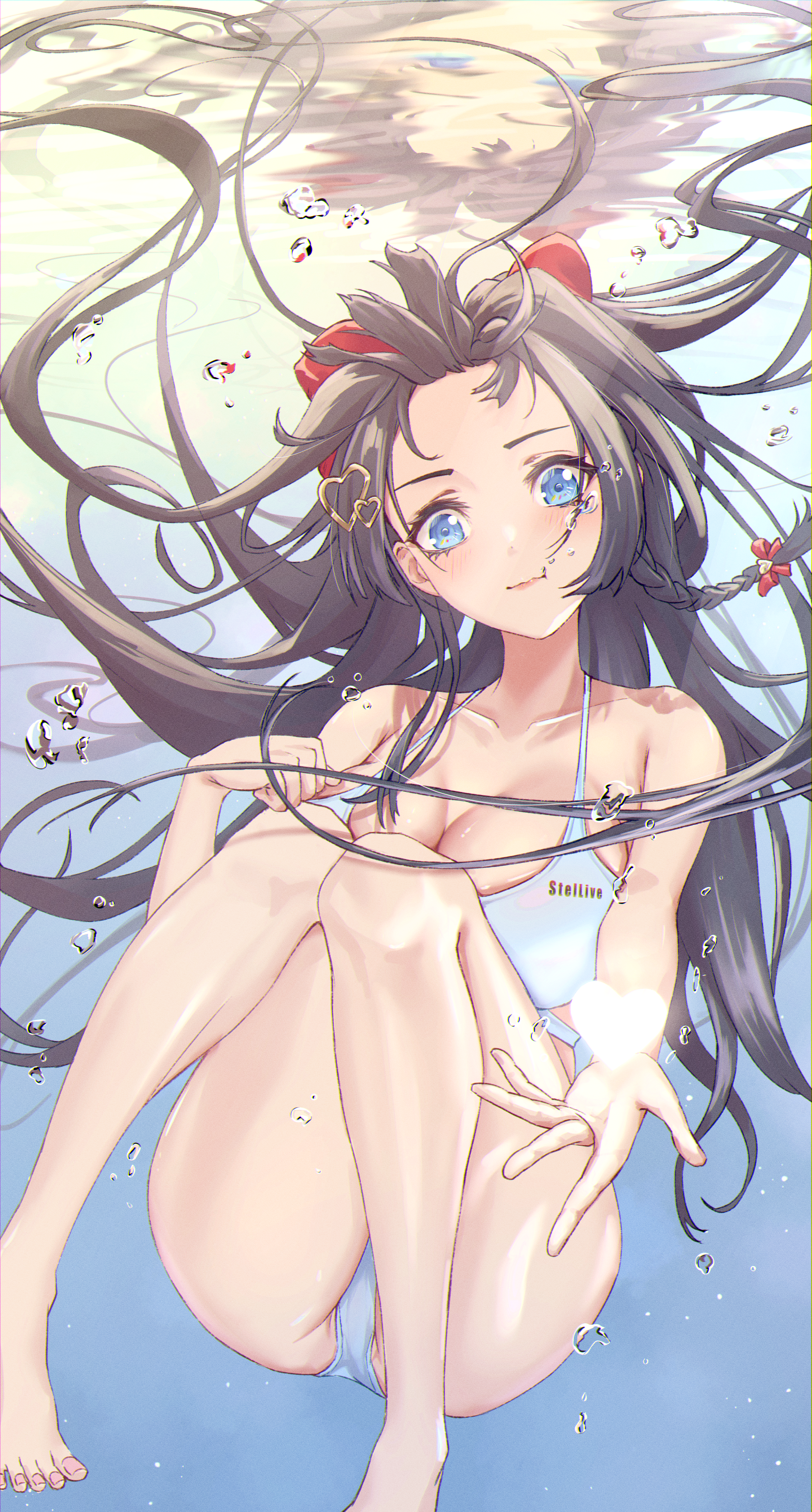 kitsune hero, shirayuki hina, stellive, absurdres, commentary, highres, 1girl, air bubble, barefoot, bikini, black hair, blue eyes, bow, breasts, bubble, cleavage, closed mouth, collarbone, copyright name, floating hair, forehead, full body, hair bow, hair ornament, heart, heart hair ornament, knees up, large breasts, looking at viewer, red bow, reflection, reflective water, solo, swimsuit, thighs, underwater, virtual youtuber, white bikini