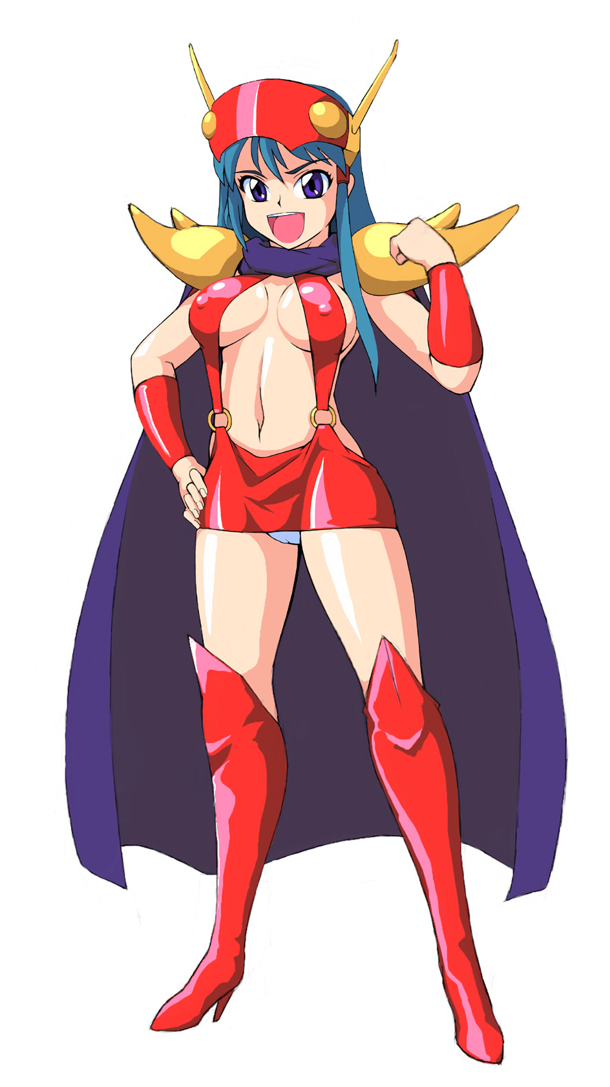 muimui, kuki rei, genji tsuushin agedama, highres, 1990s (style), 1girl, antennae, blue hair, boots, breasts, cape, cleavage, covered erect nipples, female focus, grin, head-mounted display, long hair, miniskirt, navel, open mouth, panties, pantyshot, purple eyes, retro artstyle, revealing clothes, shoulder pads, skirt, smile, solo, suspenders, thigh boots, thighhighs, thighs, underwear, upskirt, white panties, wristband
