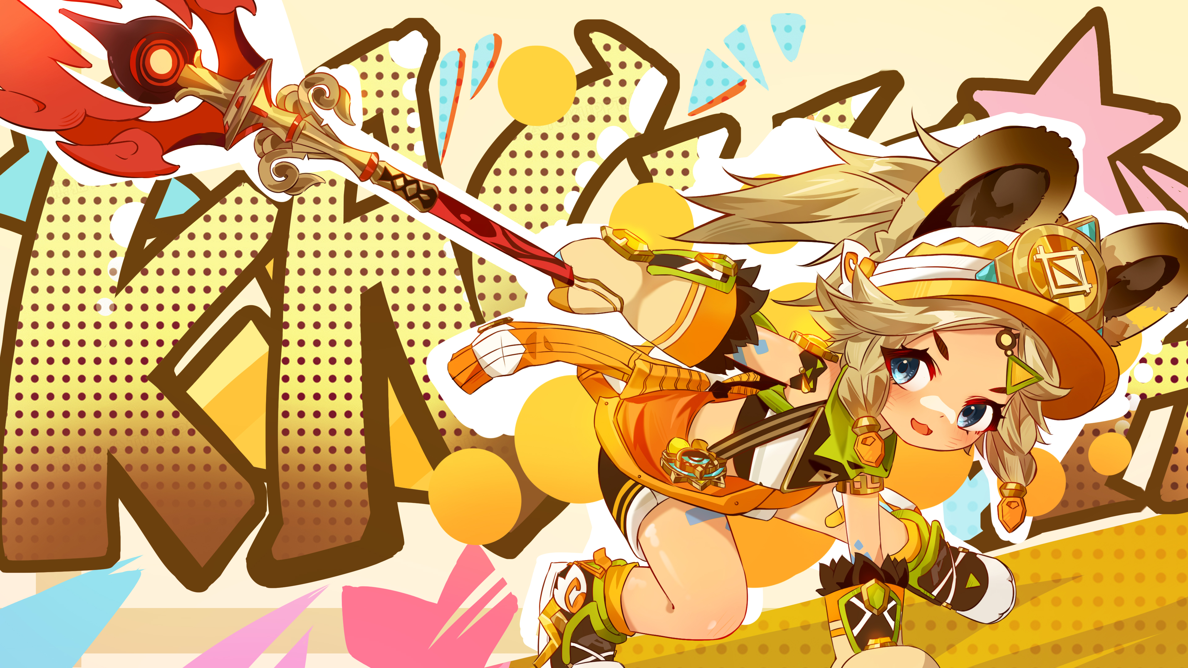 kachina (genshin impact), genshin impact, absurdres, highres, 1girl, animal ears, blonde hair, blue eyes, braid, chinchilla ears, chinchilla girl, chinchilla tail, crop top, fur-lined gloves, fur-trimmed mittens, fur trim, gloves, holding, holding polearm, holding weapon, long hair, mittens, open mouth, orange mittens, orange visor, polearm, smile, solo, spear, staff of homa (genshin impact), visor cap, weapon