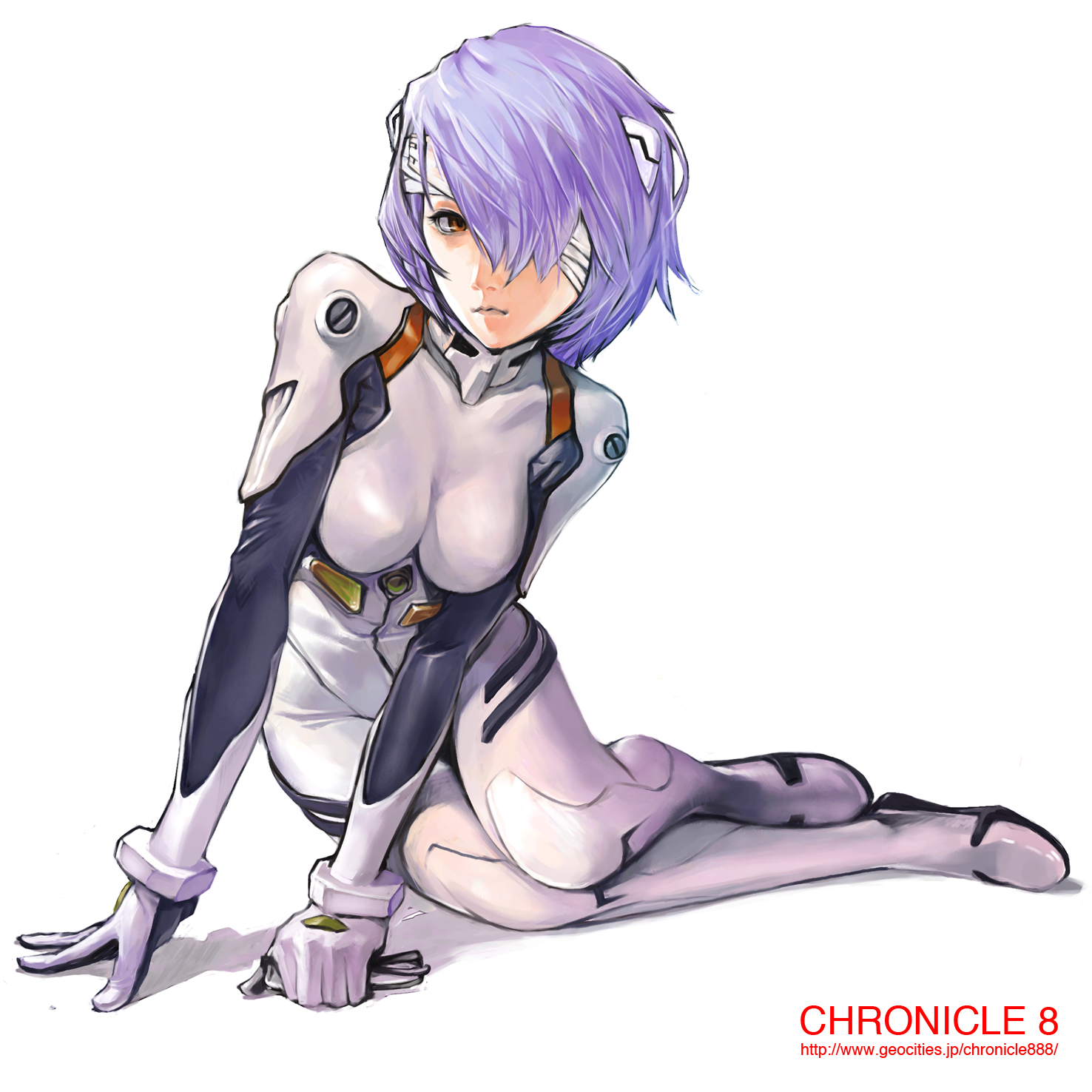 kiyohisa, ayanami rei, neon genesis evangelion, highres, 1girl, arm support, bandage over one eye, bandages, blue hair, bodysuit, bracer, breasts, female focus, full body, glasses, gloves, hair ornament, hair over one eye, holding, leaning forward, looking at viewer, mecha pilot suit, one eye covered, parted lips, pinup (style), plugsuit (evangelion), purple hair, realistic, red eyes, shadow, short hair, simple background, sitting, solo, turtleneck, watermark, web address, white background