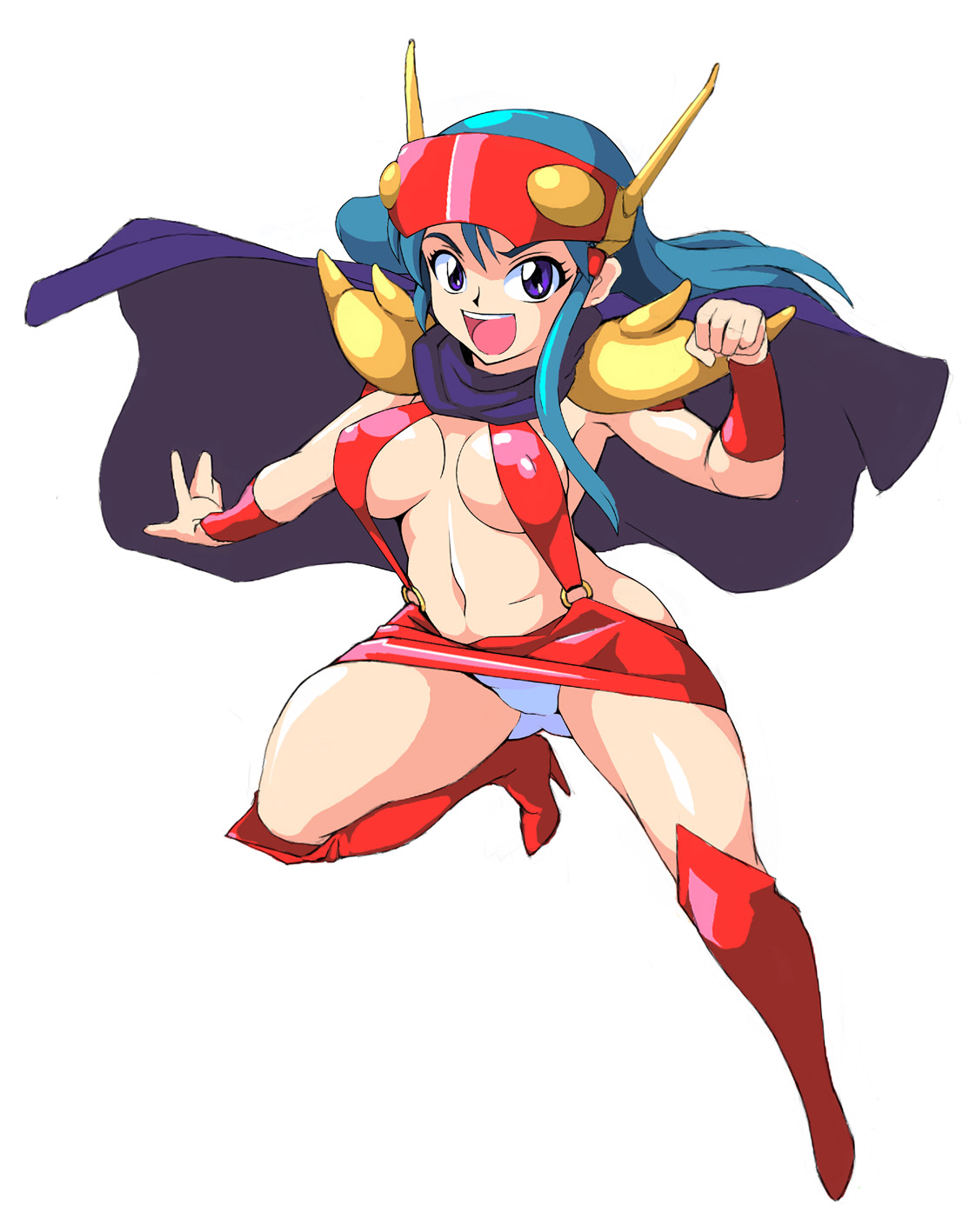 muimui, kuki rei, genji tsuushin agedama, highres, 1990s (style), 1girl, antennae, aqua hair, blue hair, boots, breasts, cape, cleavage, covered erect nipples, female focus, grin, head-mounted display, high heel boots, high heels, long hair, miniskirt, navel, open mouth, panties, pantyshot, purple eyes, retro artstyle, revealing clothes, shoulder pads, skirt, smile, solo, thigh boots, thighhighs, underwear, upskirt, white panties, wristband