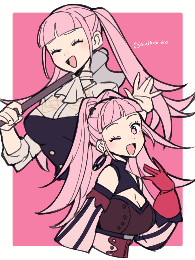 do m kaeru, hilda valentine goneril, hilda valentine goneril (timeskip), fire emblem, fire emblem: three houses, nintendo, 2girls, ascot, axe, bare shoulders, border, breasts, cleavage, closed eyes, dual persona, earrings, garreg mach monastery uniform, gloves, holding, holding axe, holding weapon, jewelry, long hair, looking at viewer, medium breasts, multiple girls, one eye closed, outside border, pink background, pink eyes, pink gloves, pink hair, simple background, smile, time paradox, twitter username, weapon, white ascot, white border