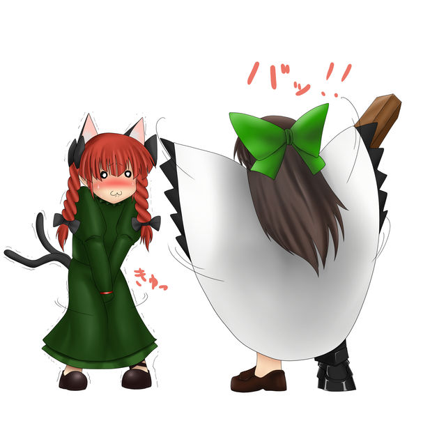 pepo (absolute1123), kaenbyou rin, reiuji utsuho, touhou, bad id, bad pixiv id, 1girl, :3, animal ears, black hair, blush, braid, cape, cat ears, cat girl, cat tail, dress, female focus, flashing, full body, hair ribbon, long hair, o o, red hair, ribbon, short hair, solo, tail, twin braids, twintails, white background, wings