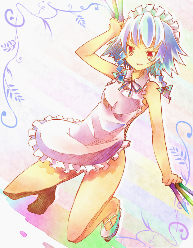 otogi, otogi kyouka, izayoi sakuya, touhou, silver hair, 1girl, apron, braid, female focus, hairband, knife, naked apron, short hair, solo, twin braids