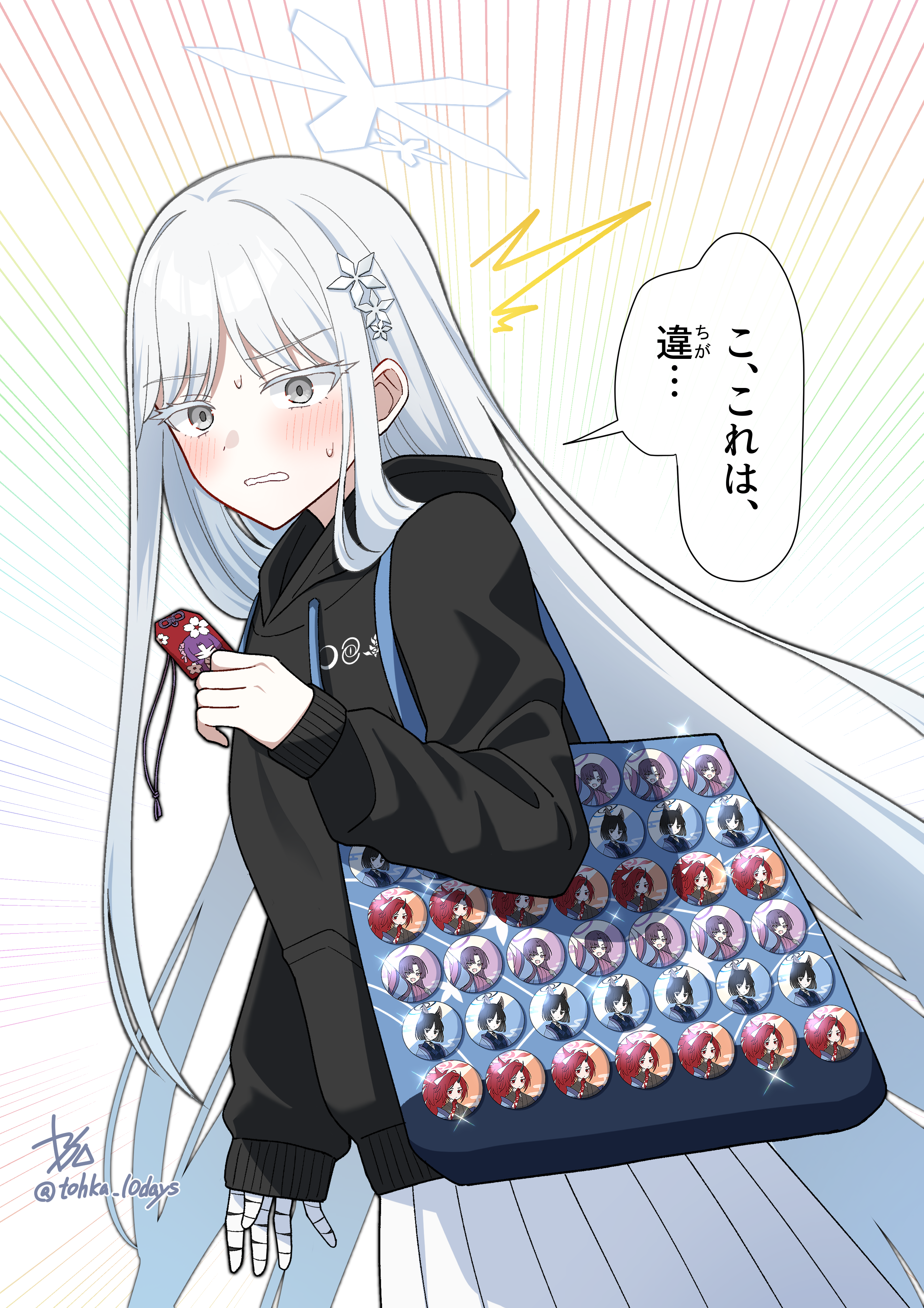 tohka 10days, kikyou (blue archive), nagusa (blue archive), renge (blue archive), yukari (blue archive), blue archive, absurdres, commentary request, highres, translation request, 1girl, ^^^, badge, bag, bandaged hand, bandages, blush, button badge, emphasis lines, grey eyes, halo, holding, itabag, long hair, long sleeves, looking at viewer, omamori, pleated skirt, simple background, skirt, solo, sweat, tote bag, very long hair, white background, white hair, white skirt