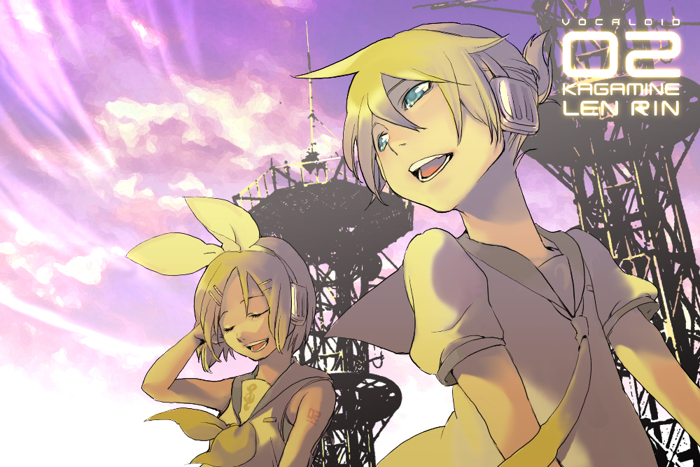 sachio, kagamine len, kagamine rin, vocaloid, 1boy, 1girl, blonde hair, blue eyes, brother and sister, closed eyes, hair ribbon, headphones, radio, ribbon, short hair, siblings, sky, smile, twins
