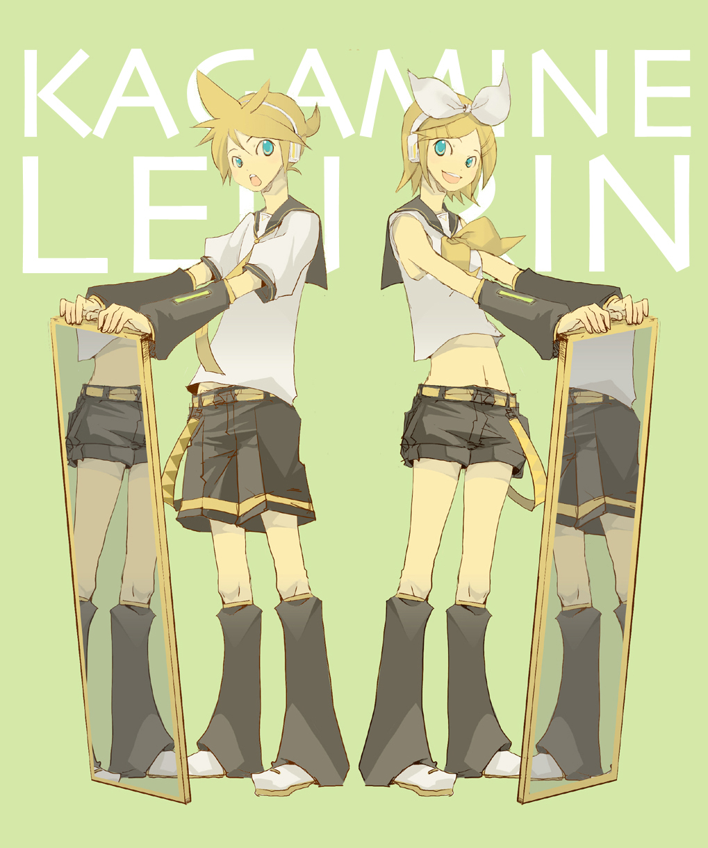sachio, kagamine len, kagamine rin, vocaloid, highres, 1boy, 1girl, blonde hair, blue eyes, brother and sister, hair ribbon, headphones, midriff, mirror, navel, ribbon, short hair, shorts, siblings, smile, twins