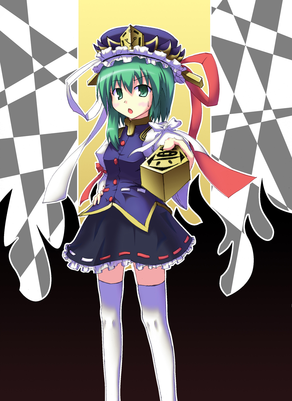 kusanagi matabi, mitarasineko, shiki eiki, touhou, highres, 1girl, female focus, rod of remorse, solo, thighhighs, zettai ryouiki