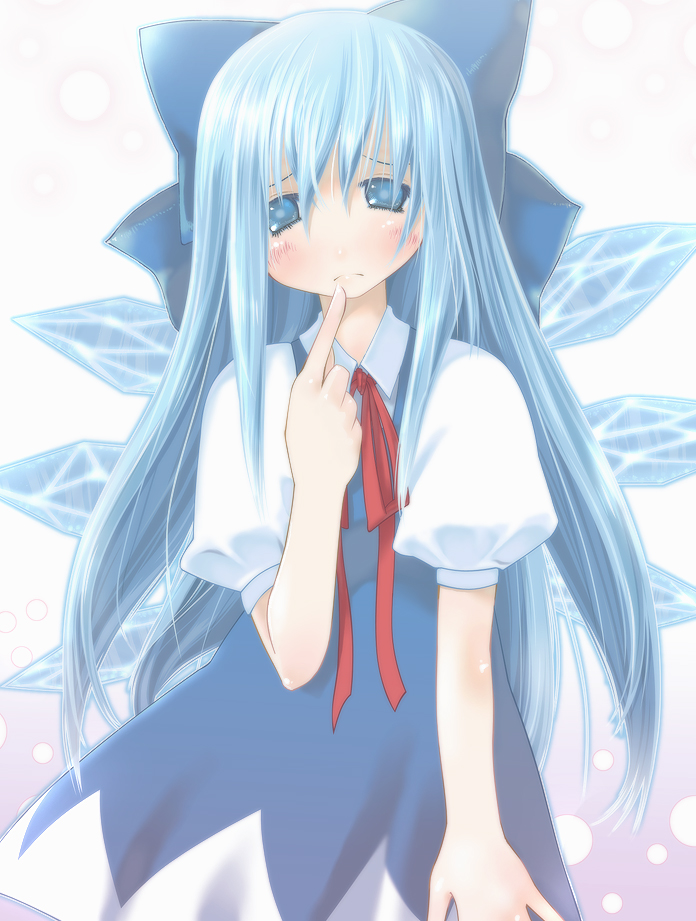 yuki-na, cirno, embodiment of scarlet devil, touhou, bad id, bad pixiv id, 1girl, alternate hair length, alternate hairstyle, blue eyes, blue hair, bow, female focus, hair bow, long hair, matching hair/eyes, short hair, solo, wings