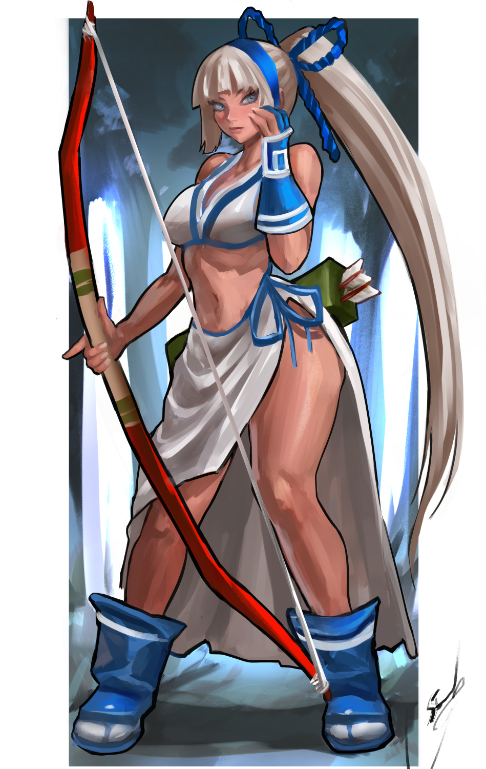 orion-m, majikina mina, samurai spirits, snk, highres, 1girl, arrow (projectile), blue eyes, blush, bow (weapon), breasts, cleavage, dark-skinned female, dark skin, gloves, hairband, holding, holding bow (weapon), holding weapon, large breasts, long hair, looking at viewer, navel, ponytail, quiver, ribbon, sarong, side-tie skirt, solo, underwear, very long hair, weapon, white hair, white sarong