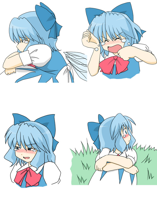 e saiba, cirno, embodiment of scarlet devil, touhou, 1girl, blue eyes, blue hair, blush, bow, dress, female focus, hair bow, matching hair/eyes, plant, reference sheet, short hair, solo, tears, upper body, white background, wings