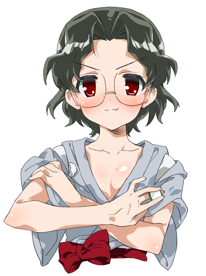 kasuga souichi, someya mako, saki (manga), bad id, bad pixiv id, 00s, 1girl, blush, board game, bow, fang, female focus, glasses, green hair, holding, holding mahjong tile, japanese clothes, kimono, mahjong, mahjong tile, red eyes, ribbon, short hair, smirk, solo, tasuki, yukata