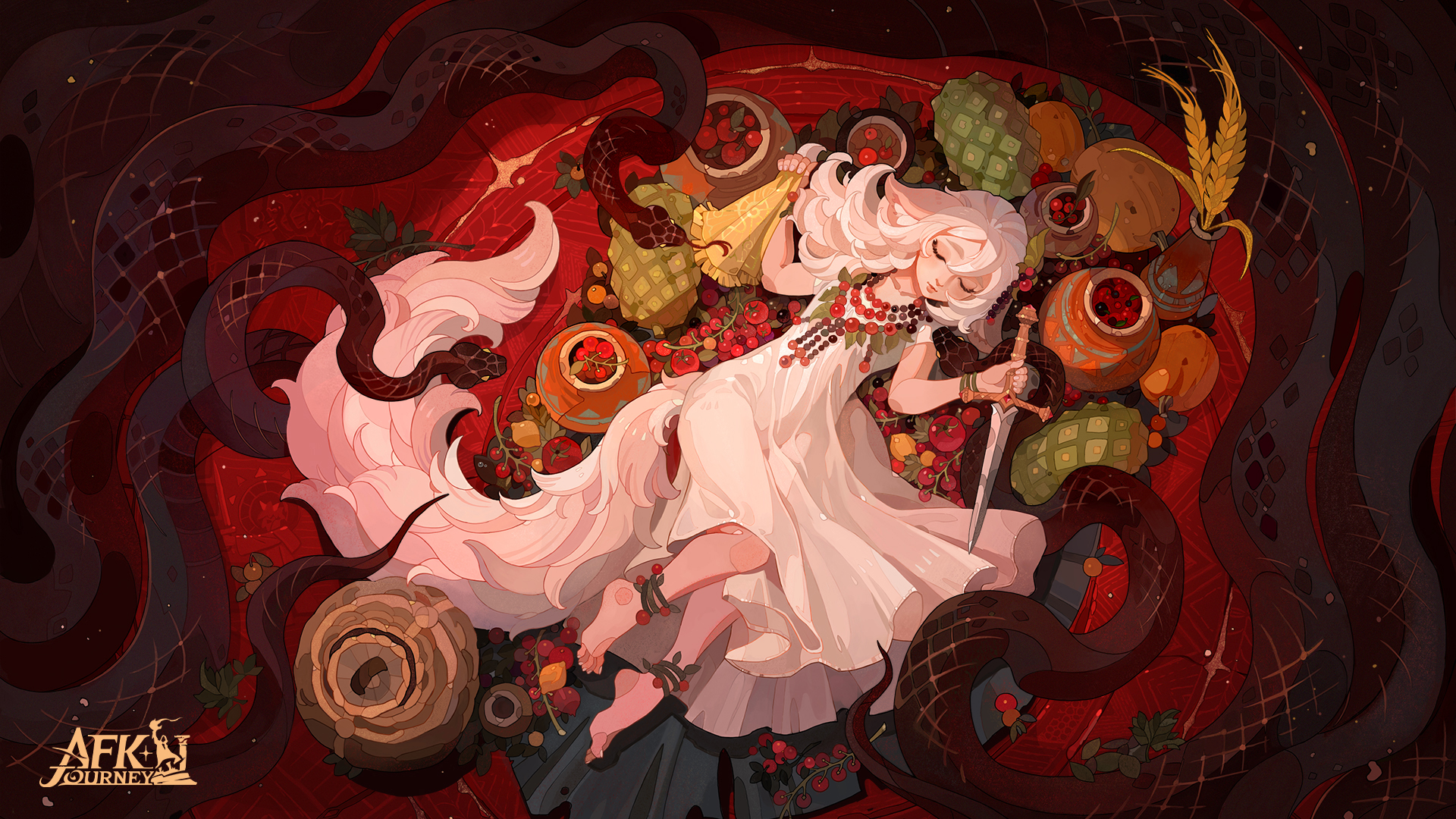 afk (series), afk journey, commentary, english commentary, highres, official art, 1girl, animal ears, anklet, barefoot, bracelet, chinchilla ears, chinchilla girl, chinchilla tail, closed eyes, closed mouth, collar, copyright logo, dagger, dress, food, fruit, gala (afk), holding, holding dagger, holding knife, holding weapon, human sacrifice, jewelry, knife, logo, lying, on back, snake, solo, tail, weapon, white dress, white hair