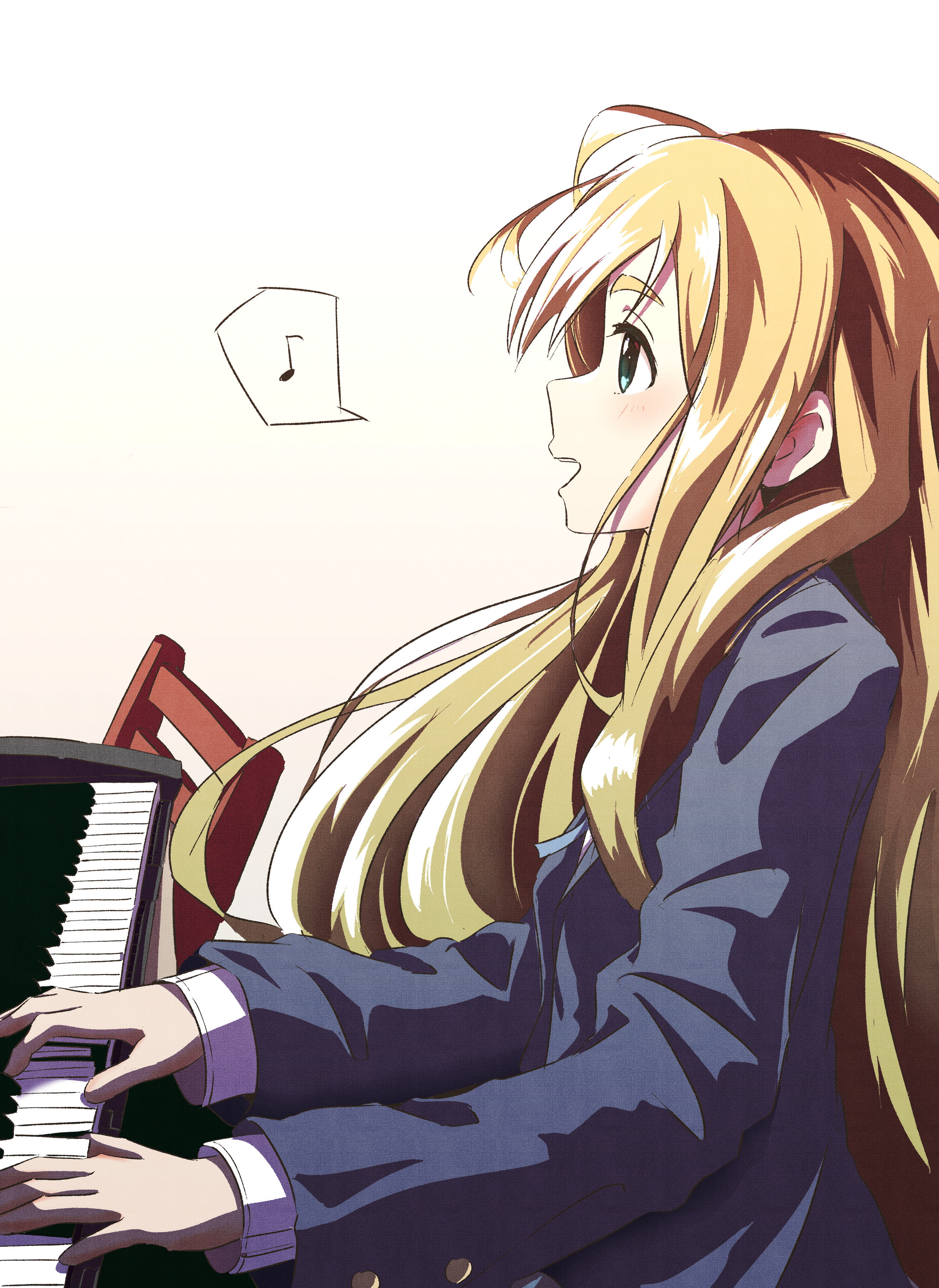 asuka (pixiv82529874), kotobuki tsumugi, k-on!, absurdres, highres, 1girl, blonde hair, blue eyes, blue jacket, eighth note, from side, instrument, jacket, layered sleeves, long hair, long sleeves, looking up, music, musical note, open mouth, piano, playing instrument, playing piano, simple background, singing, smile, solo, spoken musical note, synthesizer, thick eyebrows, upper body, white background