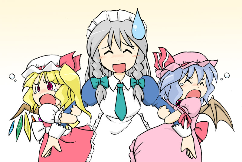 e saiba, flandre scarlet, izayoi sakuya, remilia scarlet, embodiment of scarlet devil, touhou, silver hair, 3girls, bat wings, blonde hair, blue hair, braid, female focus, hairband, hat, multiple girls, ponytail, red eyes, short hair, sweatdrop, tears, twin braids, wings
