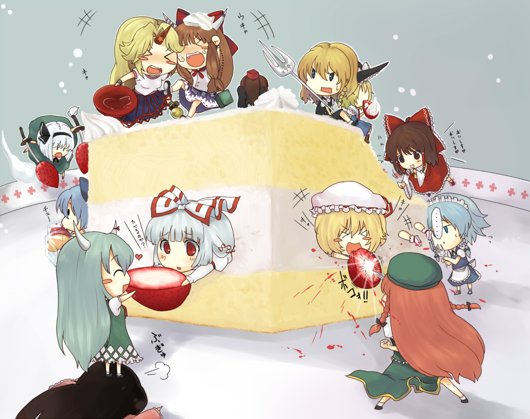 aki (mare desiderii), alice margatroid, cirno, ex-keine, flandre scarlet, fujiwara no mokou, hakurei reimu, hong meiling, hoshiguma yuugi, houraisan kaguya, ibuki suika, izayoi sakuya, kamishirasawa keine, kirisame marisa, konpaku youmu, konpaku youmu (ghost), remilia scarlet, shameimaru aya, touhou, silver hair, translation request, > <, 6+girls, black hair, black wings, blonde hair, blue eyes, blue hair, bow, braid, brown hair, cake, chibi, china dress, chinese clothes, closed eyes, detached sleeves, dress, dual wielding, food, fork, fruit, green hair, hair bow, hair ribbon, hairband, hat, hitodama, holding, horns, in food, japanese clothes, katana, long hair, miko, mini person, minigirl, multiple girls, pastry, red eyes, red hair, ribbon, short hair, single horn, star (symbol), strawberry, sword, tokin hat, twin braids, weapon, wings