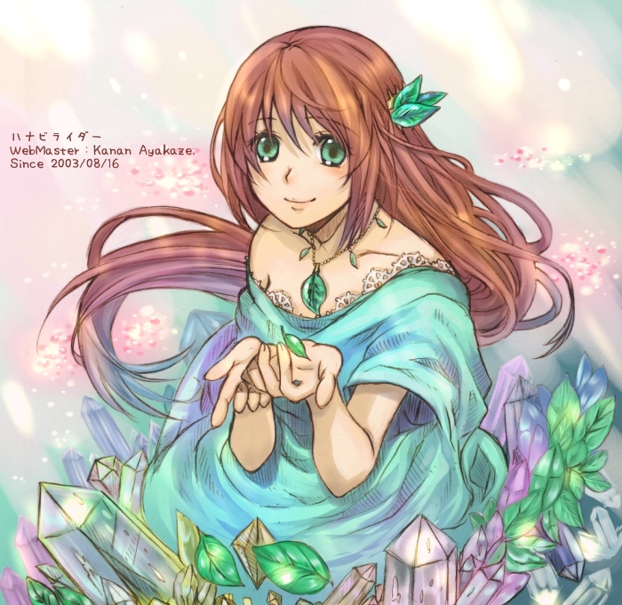 ayakaze kanan, tagme, blush, brown hair, green eyes, leaf, smile