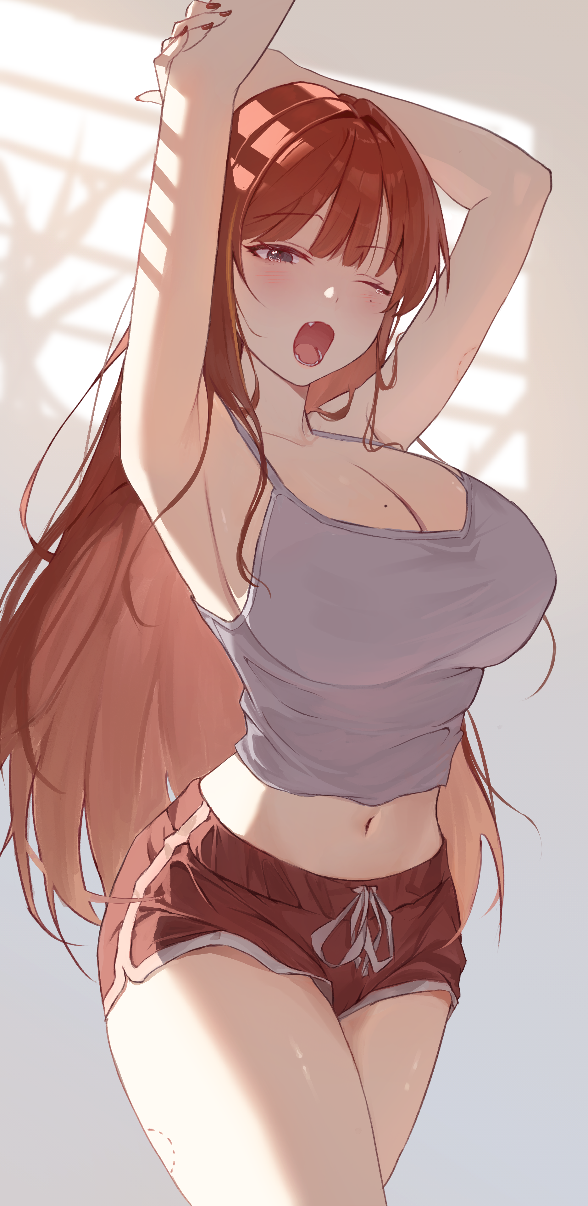 meosic2, akane lize, stellive, absurdres, commentary request, highres, korean commentary, 1girl, armpits, arms up, bare arms, bare shoulders, bite mark, breasts, camisole, cowboy shot, crop top, dolphin shorts, drawstring, fang, grey eyes, large breasts, long hair, midriff, mole, mole on breast, mole under eye, nail polish, navel, one eye closed, open mouth, red hair, red shorts, shirt, short shorts, shorts, sleepy, sleeveless, sleeveless shirt, solo, standing, stomach, stretching, thighs, virtual youtuber, white shirt, yawning