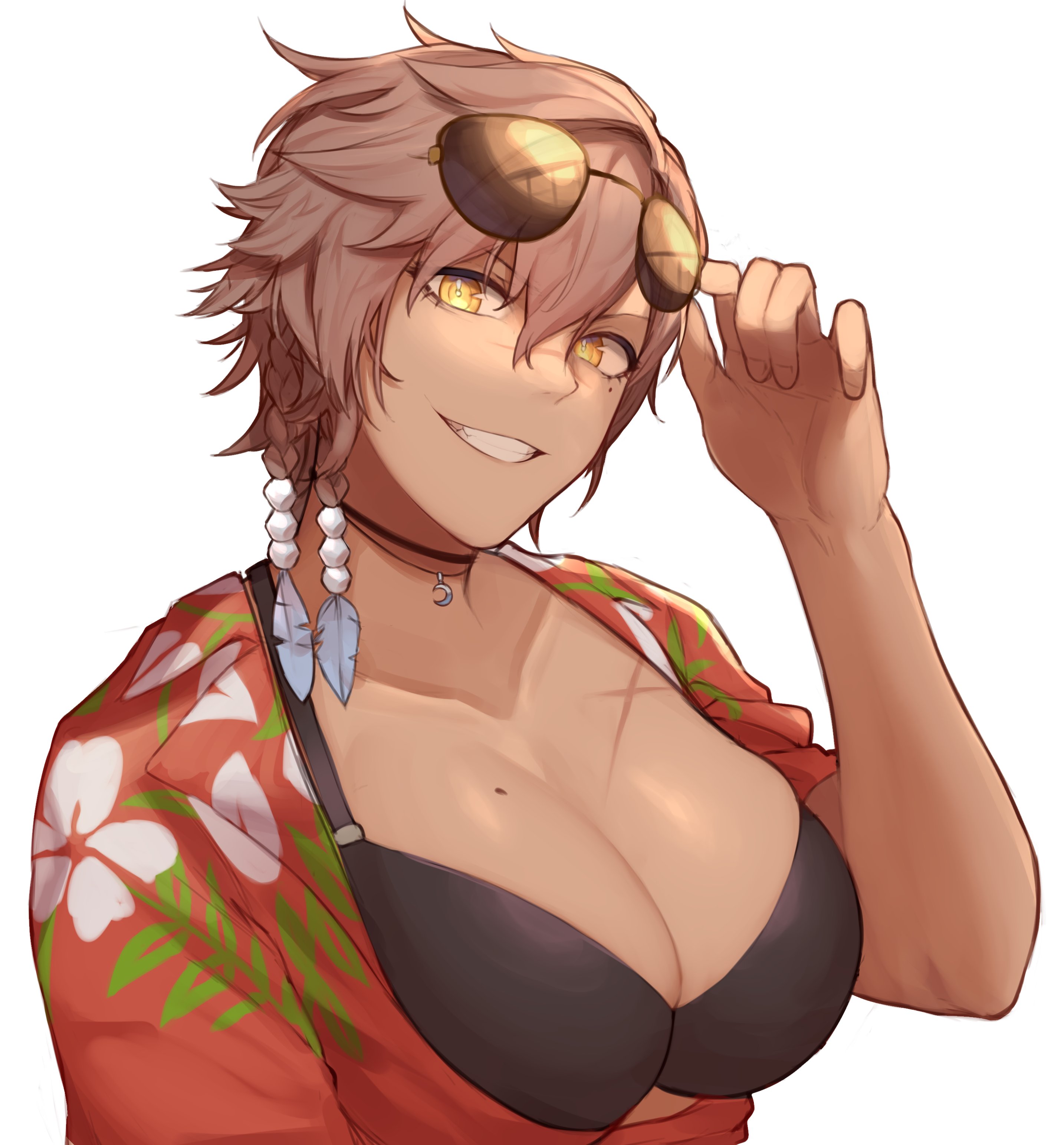 7sukasa, warrior of light (ff14), final fantasy, final fantasy xiv, original, absurdres, commentary, commission, english commentary, highres, second-party source, 1girl, adjusting eyewear, aviator sunglasses, black bra, bra, braid, breasts, brown hair, cleavage, collarbone, crescent, crescent necklace, eyewear on head, feather hair ornament, feathers, floral print shirt, grin, hair between eyes, hair ornament, hand up, hyur, ivara (ivaraxiv), jewelry, large breasts, looking at viewer, mole, mole on breast, mole under eye, necklace, red shirt, scar, scar on breasts, scar on face, scar on nose, shirt, short hair, simple background, smile, solo, sunglasses, tomboy, underwear, upper body, white background, yellow eyes