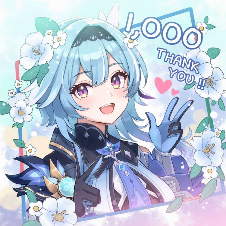 saylamars, eula (genshin impact), genshin impact, black hairband, blue gloves, blue hair, blue necktie, clothing cutout, cryo symbol (genshin impact), gloves, hairband, medium hair, multicolored eyes, necktie, shoulder cutout, v, vision (genshin impact)