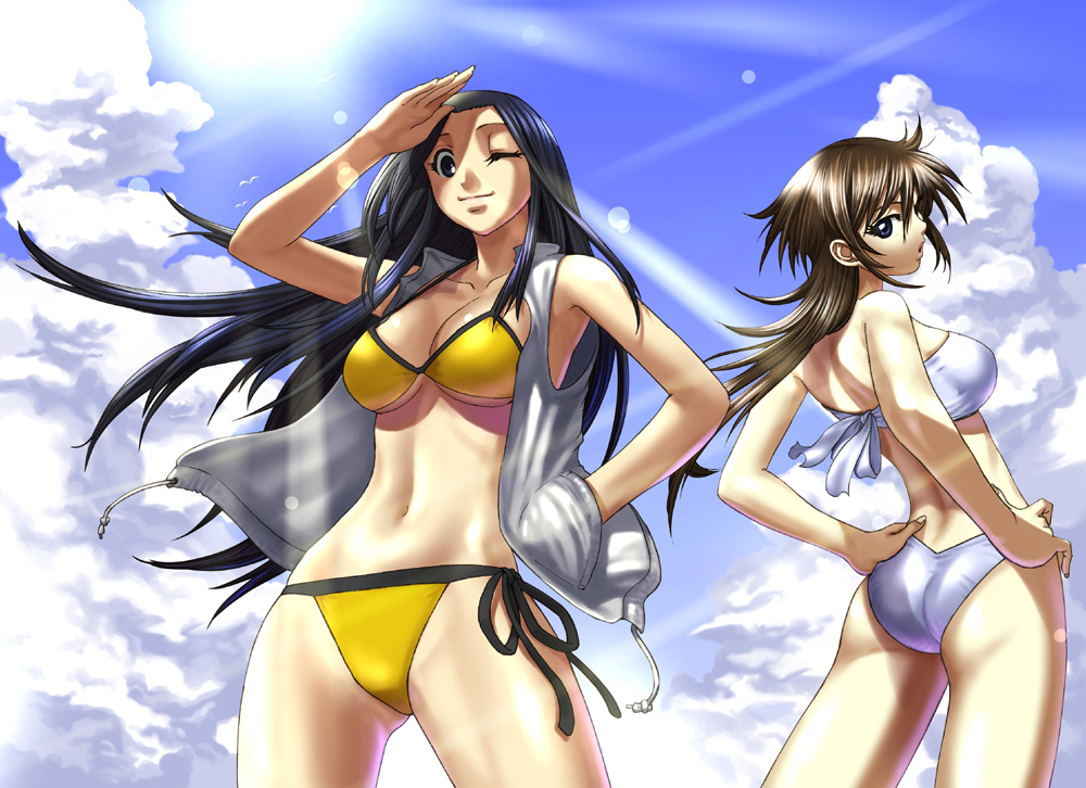 saitou kazue, kodomo moyou, source request, 2girls, ass, bikini, black hair, brown hair, cloud, day, grey eyes, long hair, multiple girls, one eye closed, shading eyes, sky, swimsuit, wink