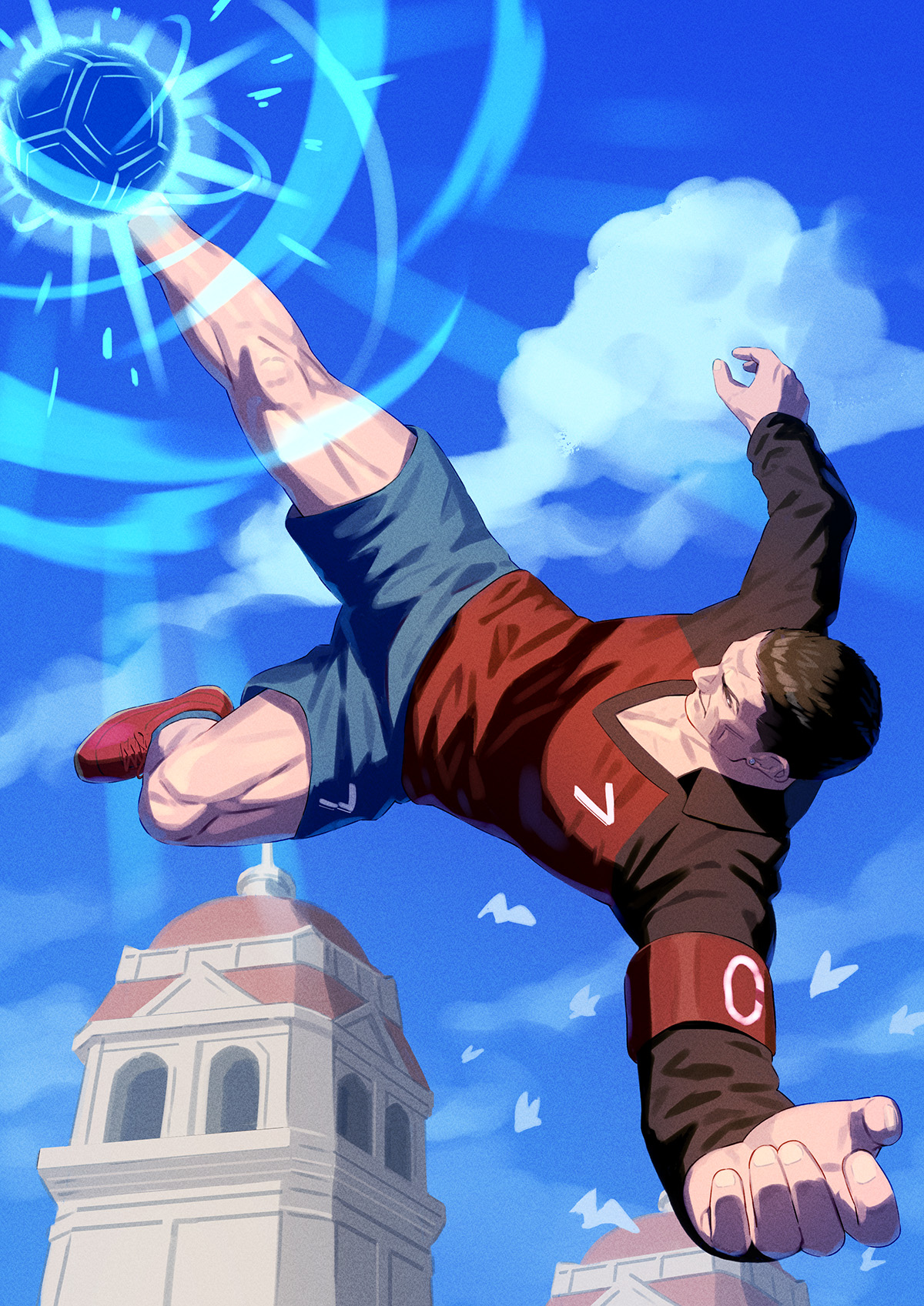 yagi2013, cristiano ronaldo, fatal fury, fatal fury: city of the wolves, real life, highres, 1boy, ball, black hair, buzz cut, cleats, full body, jersey, kicking, long sleeves, male focus, playing sports, shirt, short hair, shorts, simple background, soccer, soccer ball, soccer uniform, socks, solo, sportswear, very short hair