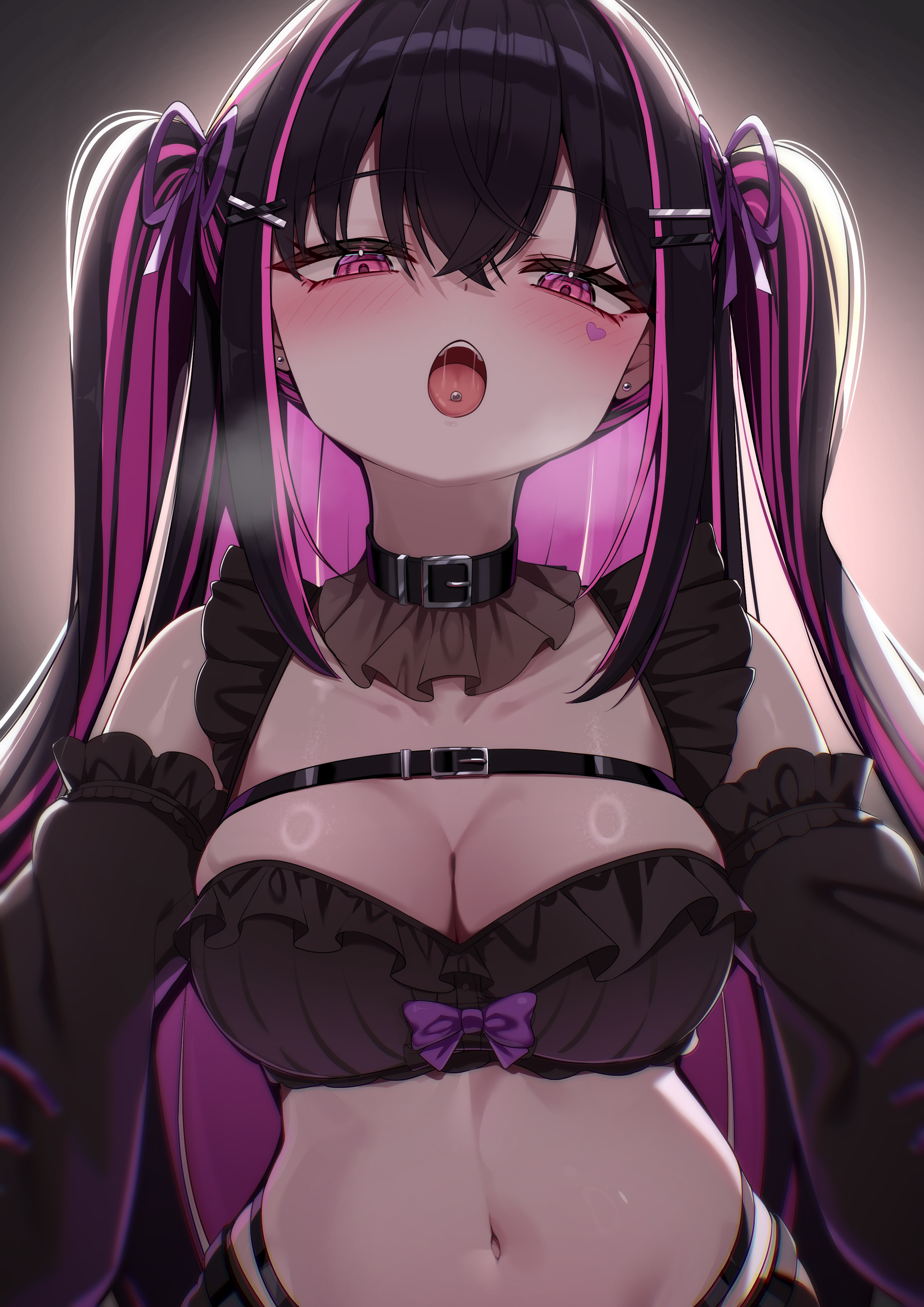 akuame (ring3922), original, absurdres, highres, 1girl, black collar, black hair, breasts, cleavage, collar, colored inner hair, detached sleeves, facial mark, frilled sleeves, frills, hair between eyes, heart, heart facial mark, jirai kei, long hair, looking at viewer, medium breasts, multicolored hair, navel, open mouth, piercing, pink eyes, pink hair, solo, streaked hair, tongue piercing, twintails