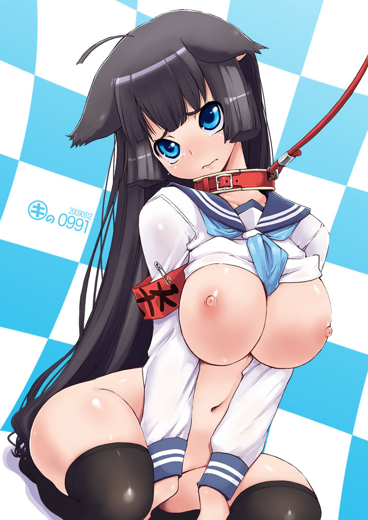 kei jiei, 1girl, animal ears, armband, bdsm, black hair, blue eyes, bottomless, breasts, clothes lift, collar, dog ears, female focus, head tilt, hime cut, huge breasts, kneeling, leash, long hair, navel, nipples, no bra, school uniform, shirt lift, solo, tears, thighhighs