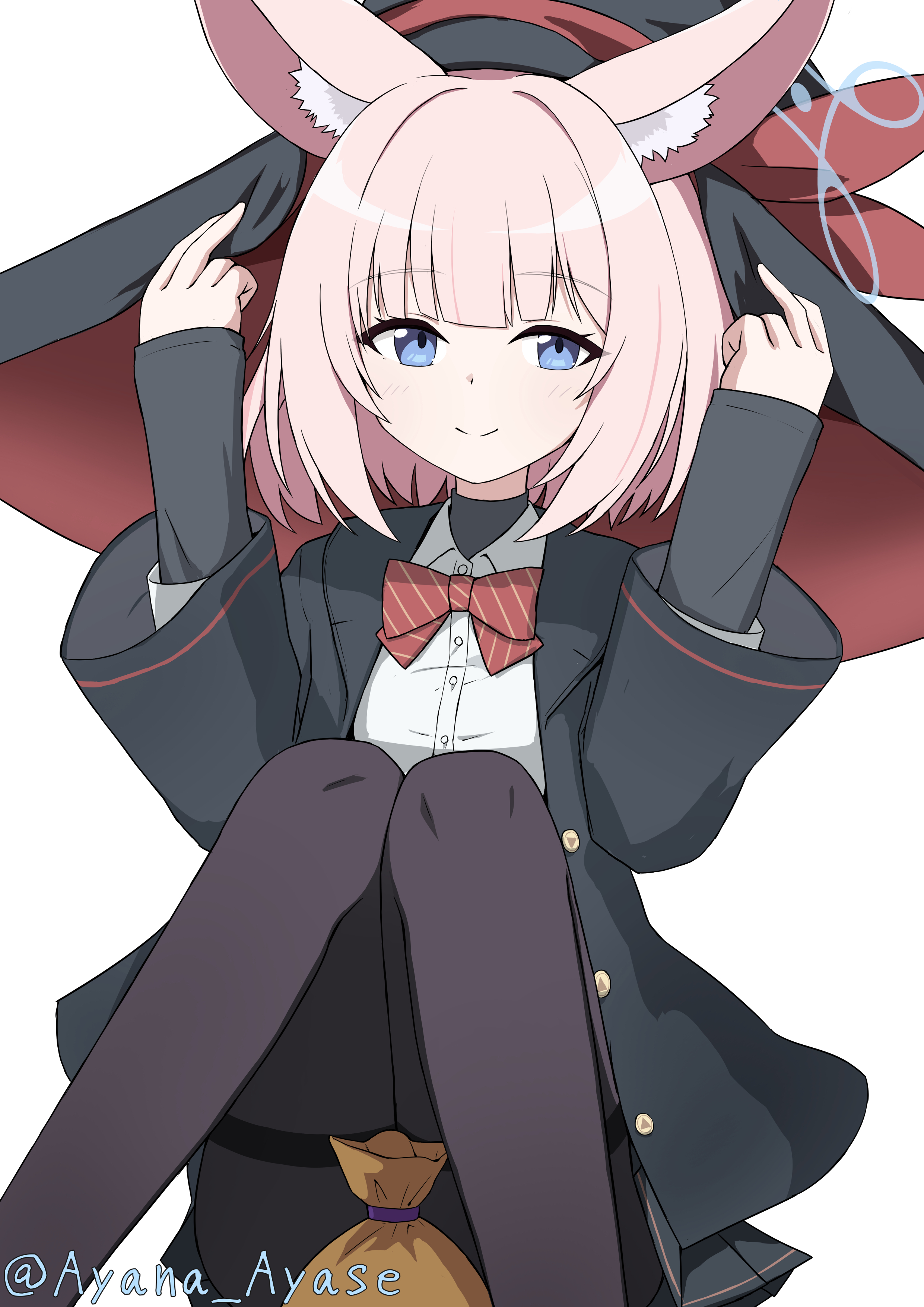 ayana ayase, eri (blue archive), niko (blue archive), blue archive, absurdres, commentary request, highres, paid reward available, 1girl, animal ear fluff, animal ears, black hat, black jacket, black pantyhose, blue eyes, blue halo, blunt bangs, blush, bow, bowtie, buttons, closed mouth, collared shirt, cosplay, diagonal-striped bow, diagonal-striped bowtie, diagonal-striped clothes, eri (blue archive) (cosplay), feet out of frame, fox ears, fox girl, halo, hand on headwear, hands up, hat, hat ribbon, jacket, knees together feet apart, knees up, long sleeves, looking at viewer, medium hair, open clothes, open jacket, pantyhose, pink hair, red bow, red bowtie, red ribbon, ribbon, shirt, simple background, sitting, sleeves past wrists, smile, solo, split mouth, striped bow, striped bowtie, striped clothes, thighband pantyhose, twitter username, white background, white shirt, wide sleeves, witch hat