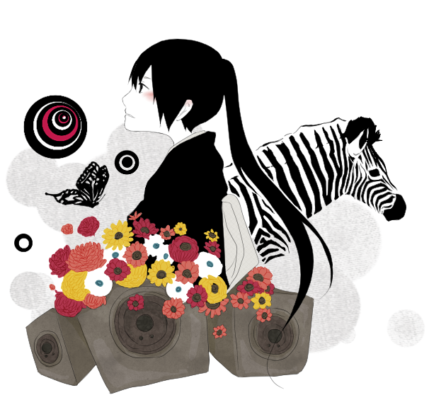 pug (pixiv), hatsune miku (saihate), nagone mako, saihate (vocaloid), utau, vocaloid, bad id, bad pixiv id, black eyes, black hair, bug, butterfly, flower, insect, ponytail, solo, zebra