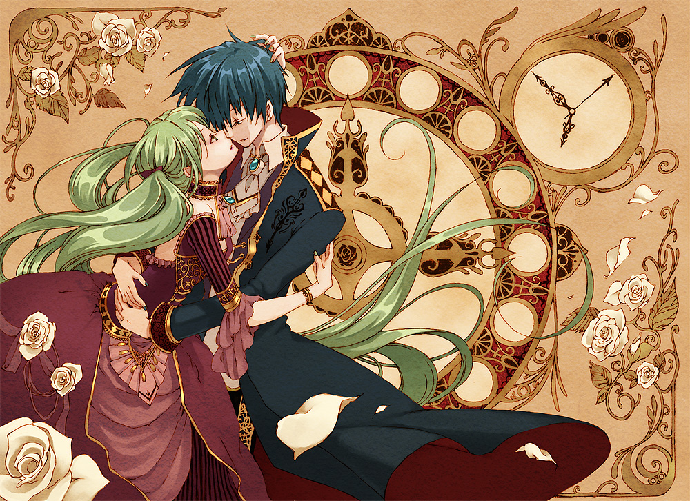 futatsuki (perfect lovers), hisato, hisato inari, hatsune miku, kaito (vocaloid), cantarella, cantarella (vocaloid), vocaloid, bad id, bad pixiv id, 1boy, 1girl, art nouveau, blue hair, cloak, clock, dress, flower, green eyes, green hair, hair ribbon, long hair, petals, ribbon, rose, twintails