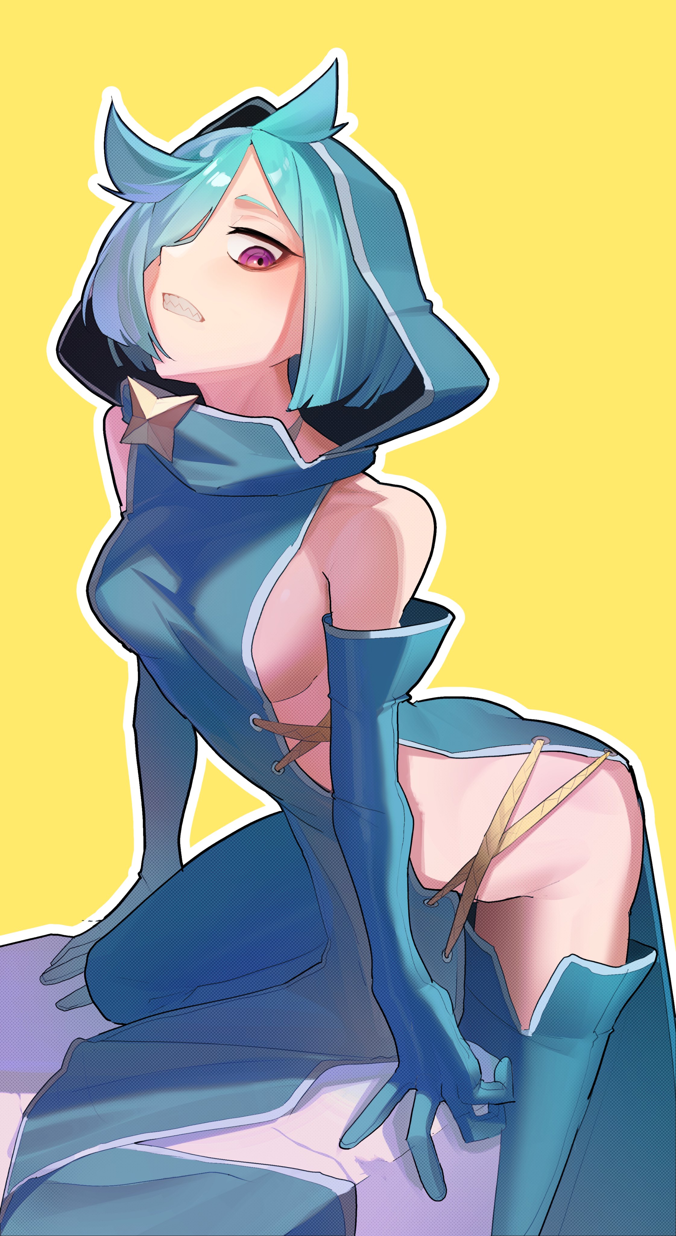 hakhpu, anemo nemo, leberblume, mahou shoujo ni akogarete, absurdres, commentary, highres, 1girl, aqua boots, aqua dress, aqua gloves, aqua hair, arched back, bare shoulders, boots, breasts, dress, elbow gloves, gloves, hair over one eye, head tilt, hood, hood up, hooded dress, knee up, leaning forward, leaning on object, looking down, medium breasts, outline, pelvic curtain, purple eyes, sharp teeth, sideboob, sideless dress, sideless outfit, simple background, solo, teeth, thigh boots, white outline, yellow background