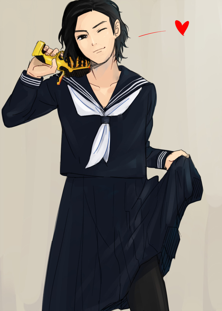 kamosuke, kiryuu daigo, super sentai, zyuden sentai kyoryuger, commentary request, 1boy, black pantyhose, black serafuku, clothes lift, crossdressing, crossdressing (mtf), gun, heart, holding, holding gun, holding weapon, lifting own clothes, long skirt, male focus, one eye closed, pantyhose, pleated skirt, school uniform, serafuku, short hair, skirt, skirt lift, smile, solo, weapon