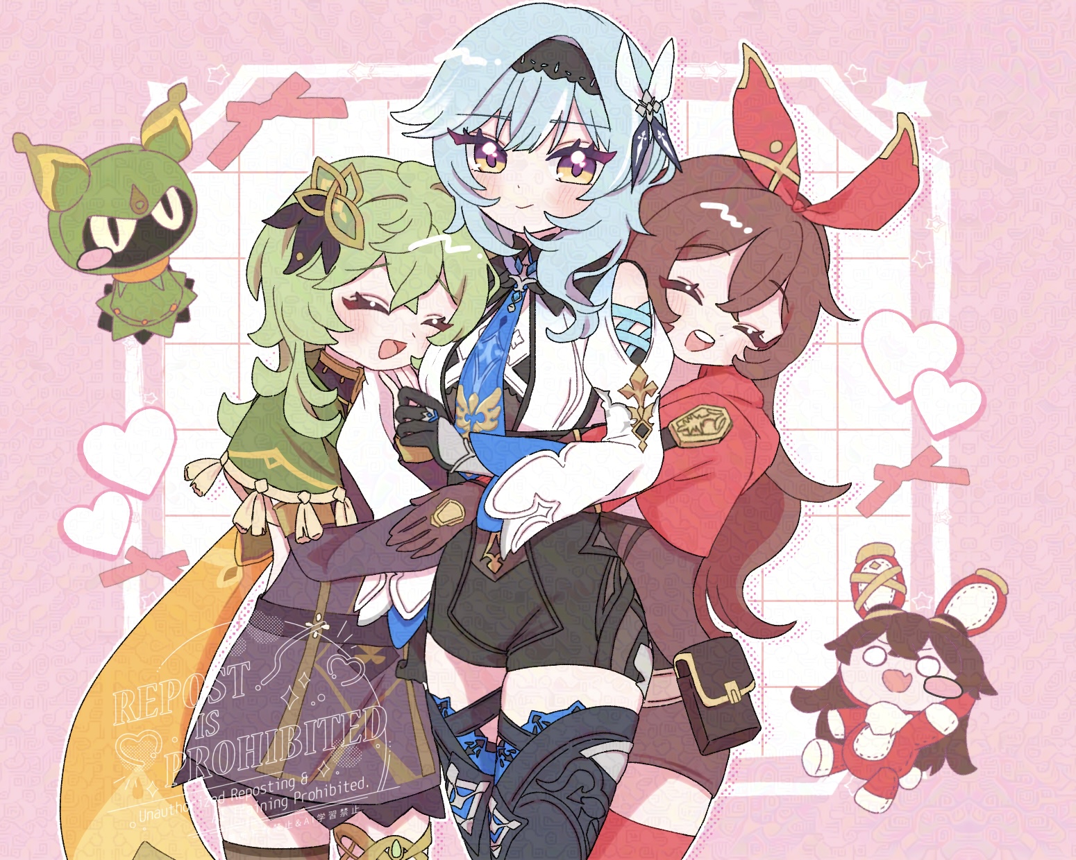 amber (genshin impact), baron bunny (genshin impact), collei (genshin impact), eula (genshin impact), genshin impact, highres, 3girls, black hairband, blue hair, blue necktie, boots, brown gloves, brown hair, brown shorts, capelet, crossed bangs, gloves, green capelet, hair ribbon, hairband, jacket, jewelry, leotard, medium hair, multiple girls, necktie, open mouth, red hairband, red jacket, red ribbon, red thighhighs, ribbon, short shorts, shorts, smile, thigh boots, thighhighs, thighlet, two-tone gloves, vision (genshin impact)