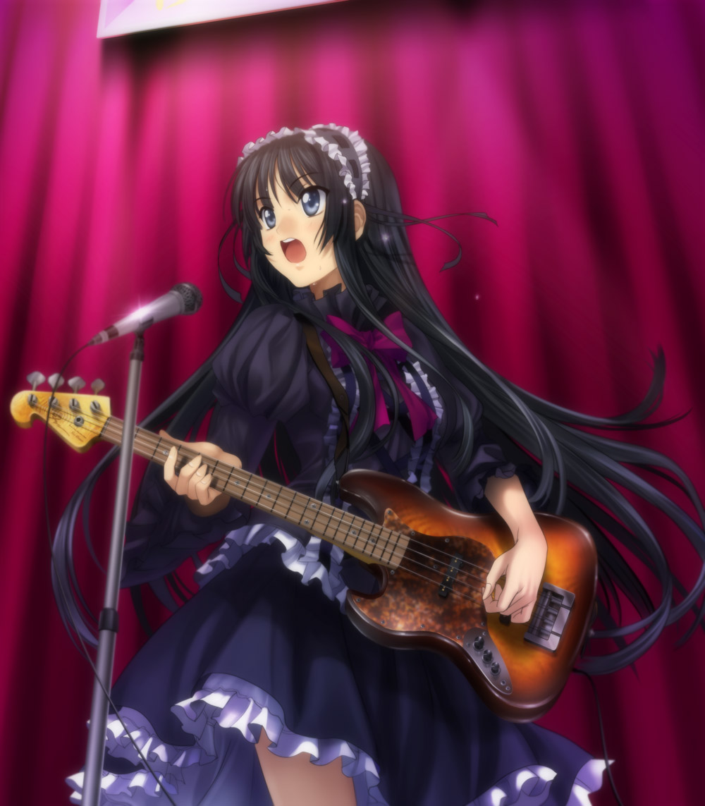 mutsuki (moonknives), akiyama mio, fuwafuwa time, houbunsha, k-on!, 00s, 1girl, bass guitar, black hair, blue eyes, blunt bangs, blush, bow, dress, female focus, gothic lolita, hime cut, instrument, lolita fashion, long hair, microphone, microphone stand, open mouth, solo, sweat