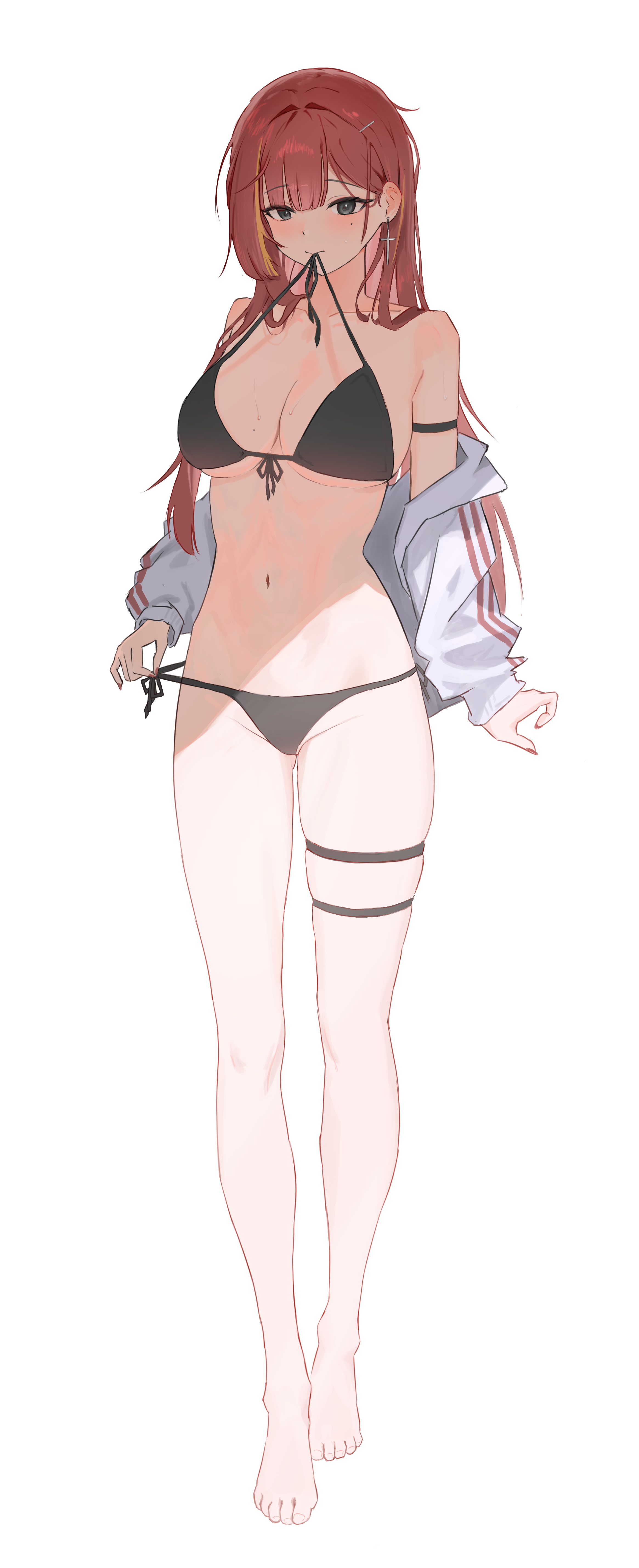 meosic2, akane lize, stellive, absurdres, commentary request, highres, korean commentary, 1girl, arm strap, bare shoulders, barefoot, bikini, black bikini, black eyes, breasts, cleavage, collarbone, cross, cross earrings, earrings, feet, front-tie bikini top, front-tie top, full body, jacket, jewelry, large breasts, long hair, long sleeves, looking at viewer, mole, mole under eye, mouth hold, multicolored hair, navel, off shoulder, open clothes, open jacket, red hair, side-tie bikini bottom, simple background, skindentation, solo, stomach, streaked hair, string bikini, swimsuit, thigh strap, very long hair, virtual youtuber, white background, white jacket