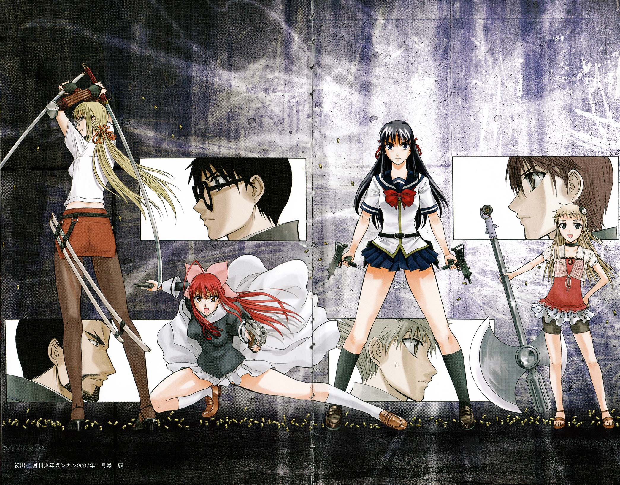 akahito yoshiichi, hoshimura makina, kagami oori, yamagami itsuki, shikabane hime, highres, scan, 4boys, 4girls, axe, bike shorts, black hair, blonde hair, crease, glasses, gun, handgun, huge weapon, katana, long hair, mac-10/11, miniskirt, multiple boys, multiple girls, red hair, revolver, school uniform, skirt, submachine gun, sword, weapon