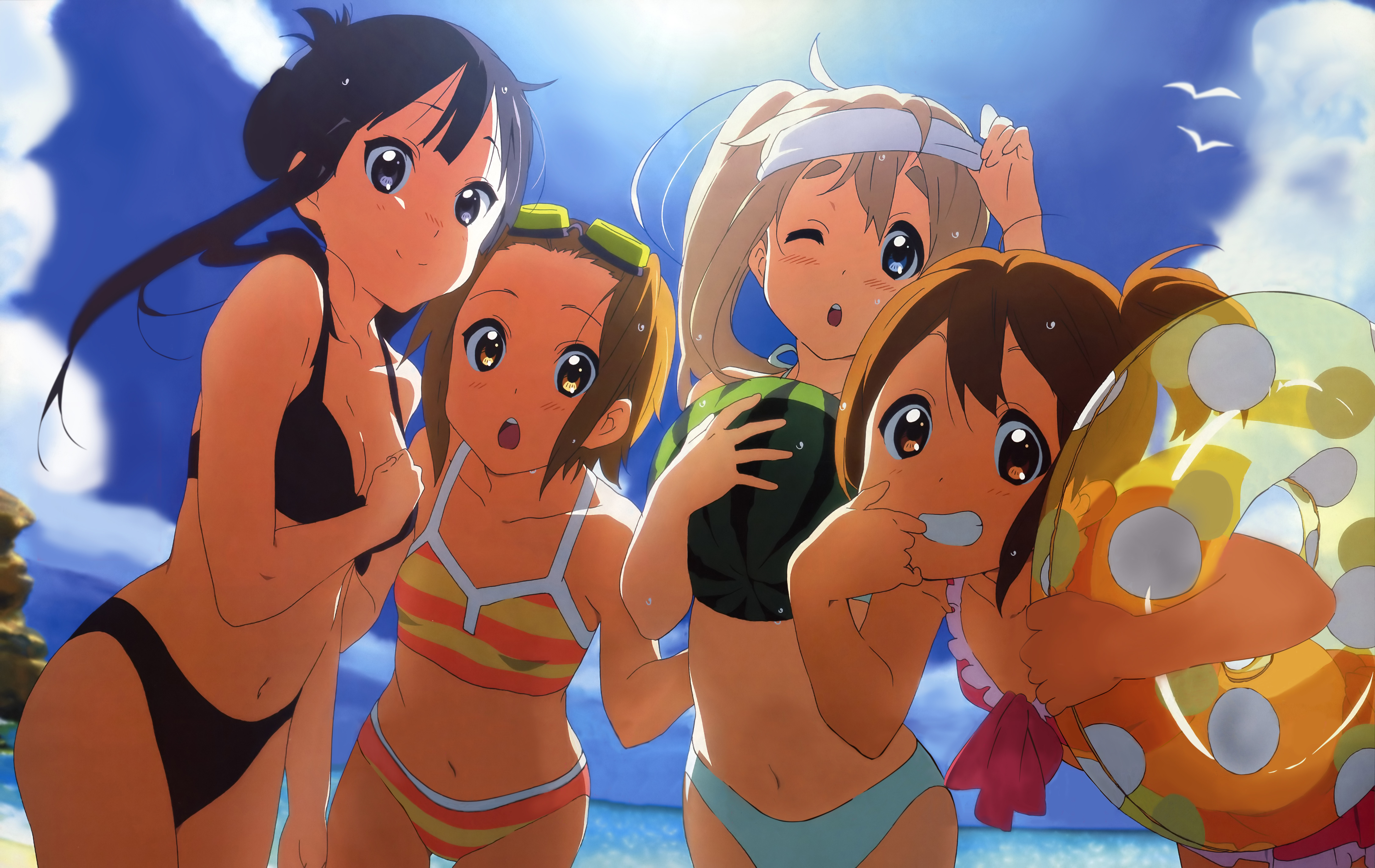 horiguchi yukiko, akiyama mio, hirasawa yui, kotobuki tsumugi, tainaka ritsu, k-on!, absurdres, detexted, highres, official art, third-party edit, 00s, 4girls, :o, backlighting, bangs pinned back, beach, bikini, bikini skirt, black hair, blonde hair, blue eyes, blunt bangs, breasts, brown eyes, brown hair, cleavage, cowboy shot, day, embarrassed, food, frilled bikini, frills, from side, fruit, goggles, grin, halterneck, ho-kago tea time, innertube, medium breasts, multiple girls, navel, one eye closed, open mouth, orange bikini, outdoors, parted bangs, pink bikini, small breasts, smile, standing, staring, striped bikini, striped clothes, suikawari, surprised, swim ring, swimsuit, tankini, thick eyebrows, tomboy, watermelon, white bikini, wide-eyed, wink, yellow bikini