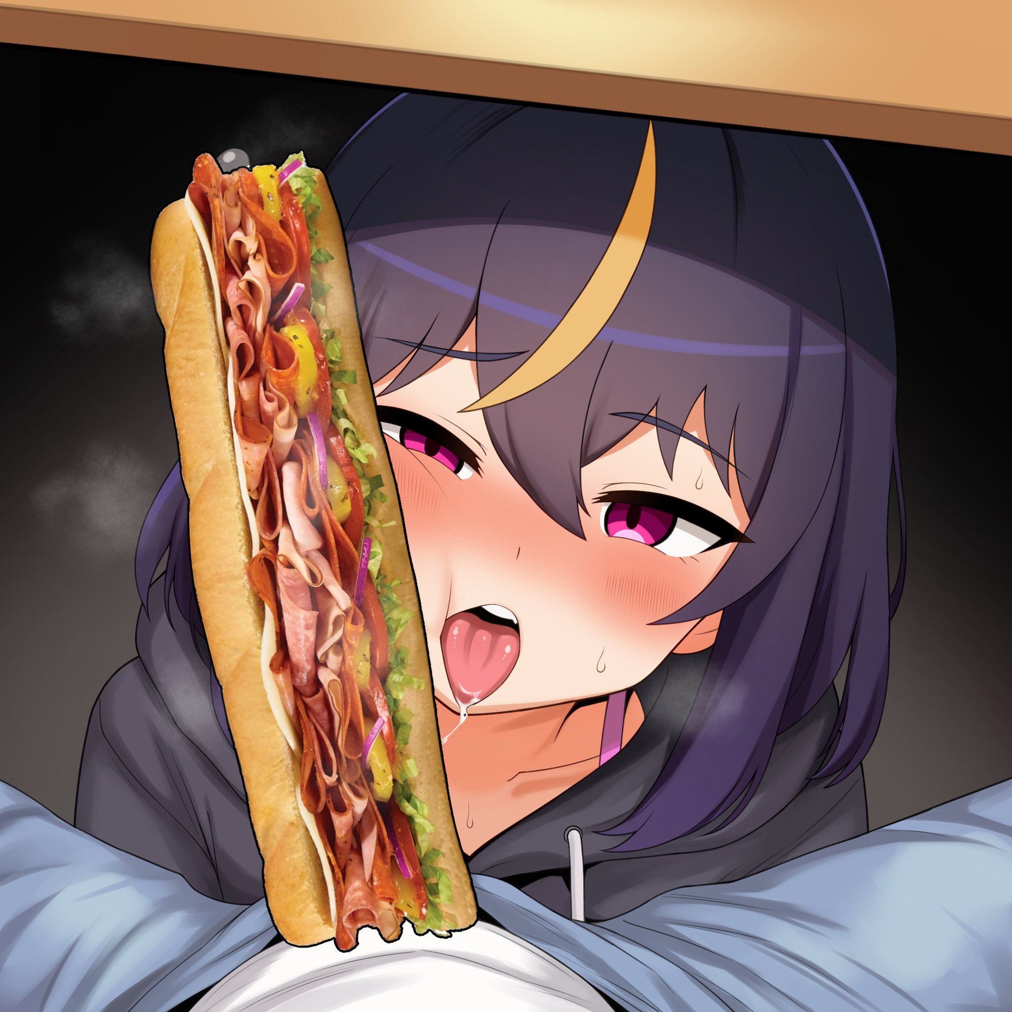 mikoscrub, original, commentary, english commentary, highres, 1boy, 1girl, baguette, black hoodie, blue pants, bread, cheek press, drawstring, food, furrowed brow, half-closed eyes, ham, heavy breathing, hood, hood down, hoodie, lettuce, looking at viewer, pants, phallic symbol, pov, pov crotch, saliva, sandwich, shirt, sweat, tomato, tongue, tongue out, under table, white shirt