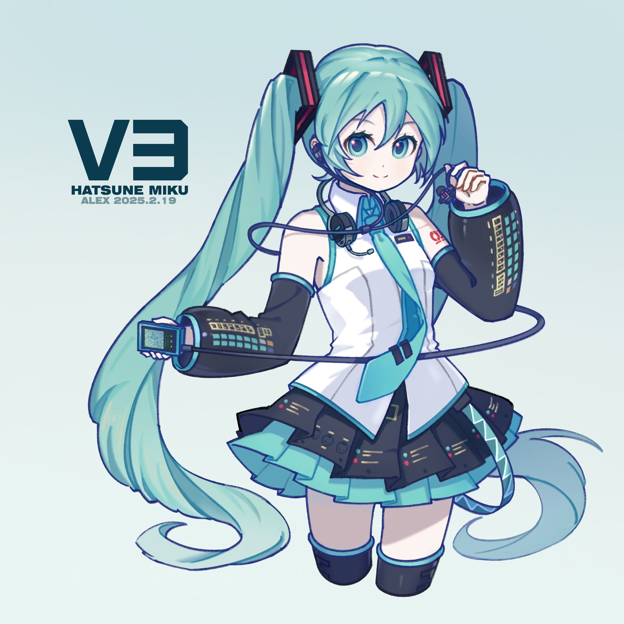 hatsune miku, hatsune miku (vocaloid3), vocaloid, commentary, highres, symbol-only commentary, 1girl, alexbionics, aqua eyes, aqua hair, aqua necktie, artist name, black sleeves, character name, cropped legs, dated, detached sleeves, digital media player, headphones, headset, long hair, necktie, pleated skirt, shirt, skirt, twintails, white shirt