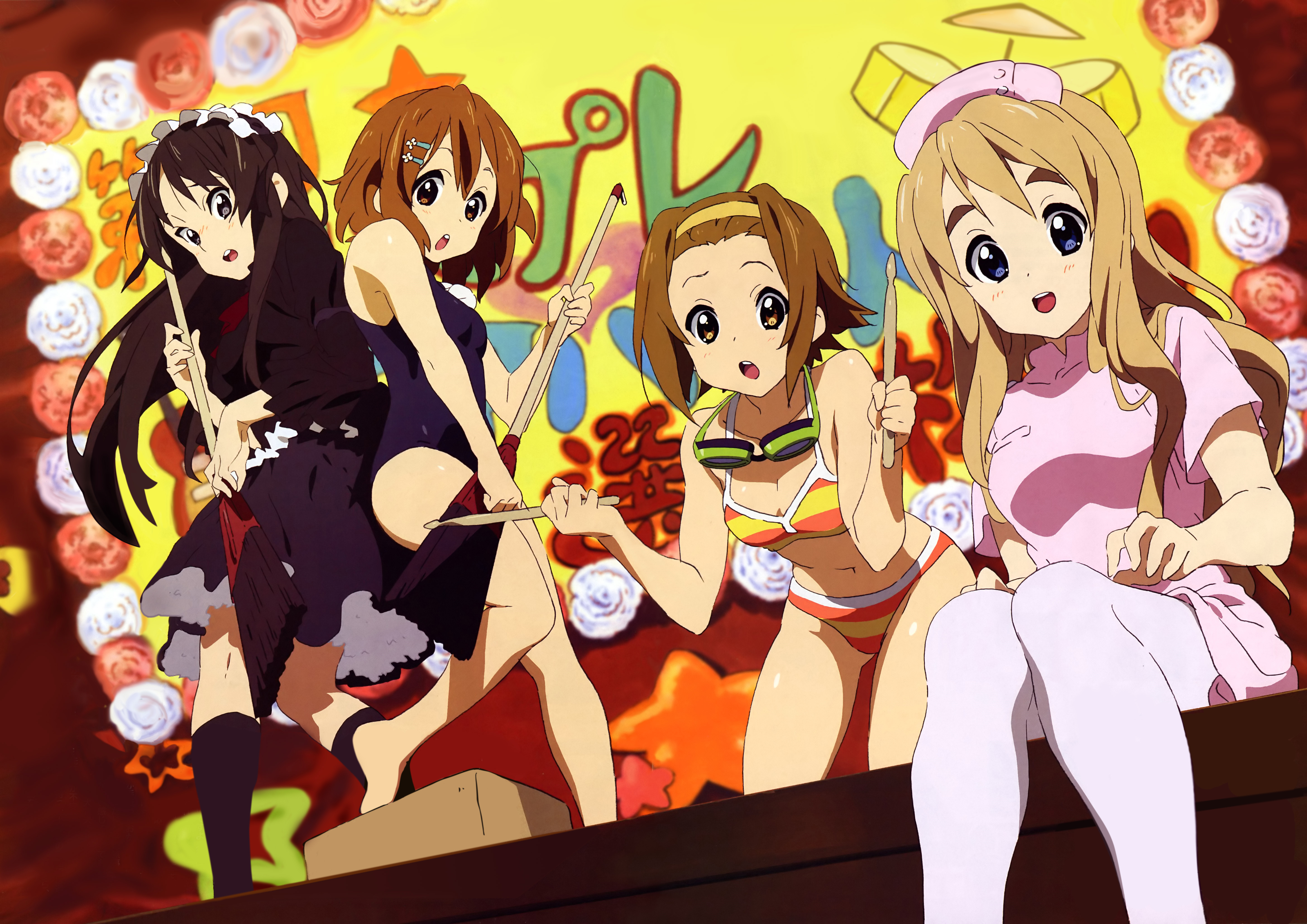 nishiya futoshi, akiyama mio, hirasawa yui, kotobuki tsumugi, tainaka ritsu, k-on!, striped, absurdres, detexted, highres, non-web source, official art, third-party edit, 00s, 4girls, barefoot, bikini, black hair, blonde hair, blue eyes, broom, brown eyes, brown hair, feet, goggles, hairband, headband, ho-kago tea time, long hair, maid, multiple girls, no shoes, nurse, one-piece swimsuit, pantyhose, school swimsuit, short hair, socks, swimsuit, thighhighs, tomboy, very long hair, white pantyhose