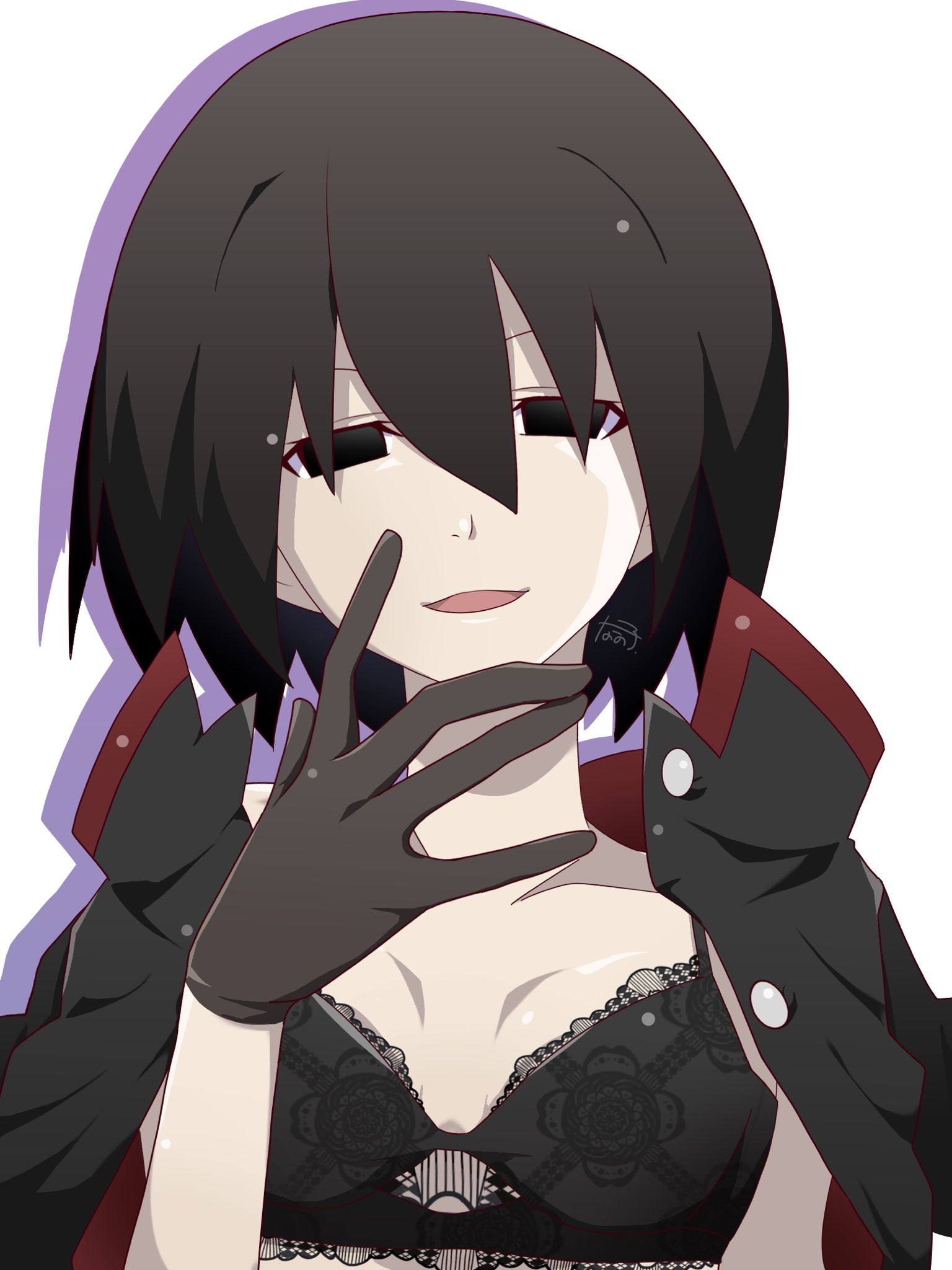 oshino ougi, monogatari (series), highres, 1girl, black bra, black eyes, black gloves, black hair, black jacket, bra, collarbone, drop shadow, empty eyes, flat chest, gloves, hair between eyes, hand up, jacket, jacket on shoulders, lace trim, looking at viewer, nano-tan (sakuta sakuzi), naoetsu high school uniform, narrowed eyes, open mouth, red trim, school uniform, short hair, signature, simple background, smile, solo, straight-on, underwear, upper body, white background