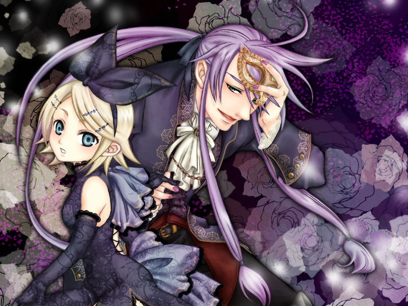 mizuki ryou (holic), kagamine rin, kamui gakupo, cantarella, cantarella (vocaloid), vocaloid, blonde hair, blue eyes, child, dress, elbow gloves, flower, formal clothes, gloves, green eyes, hair ornament, hair ribbon, hairclip, holding hands, long hair, mask, ponytail, purple hair, ribbon, rose, short hair, suit