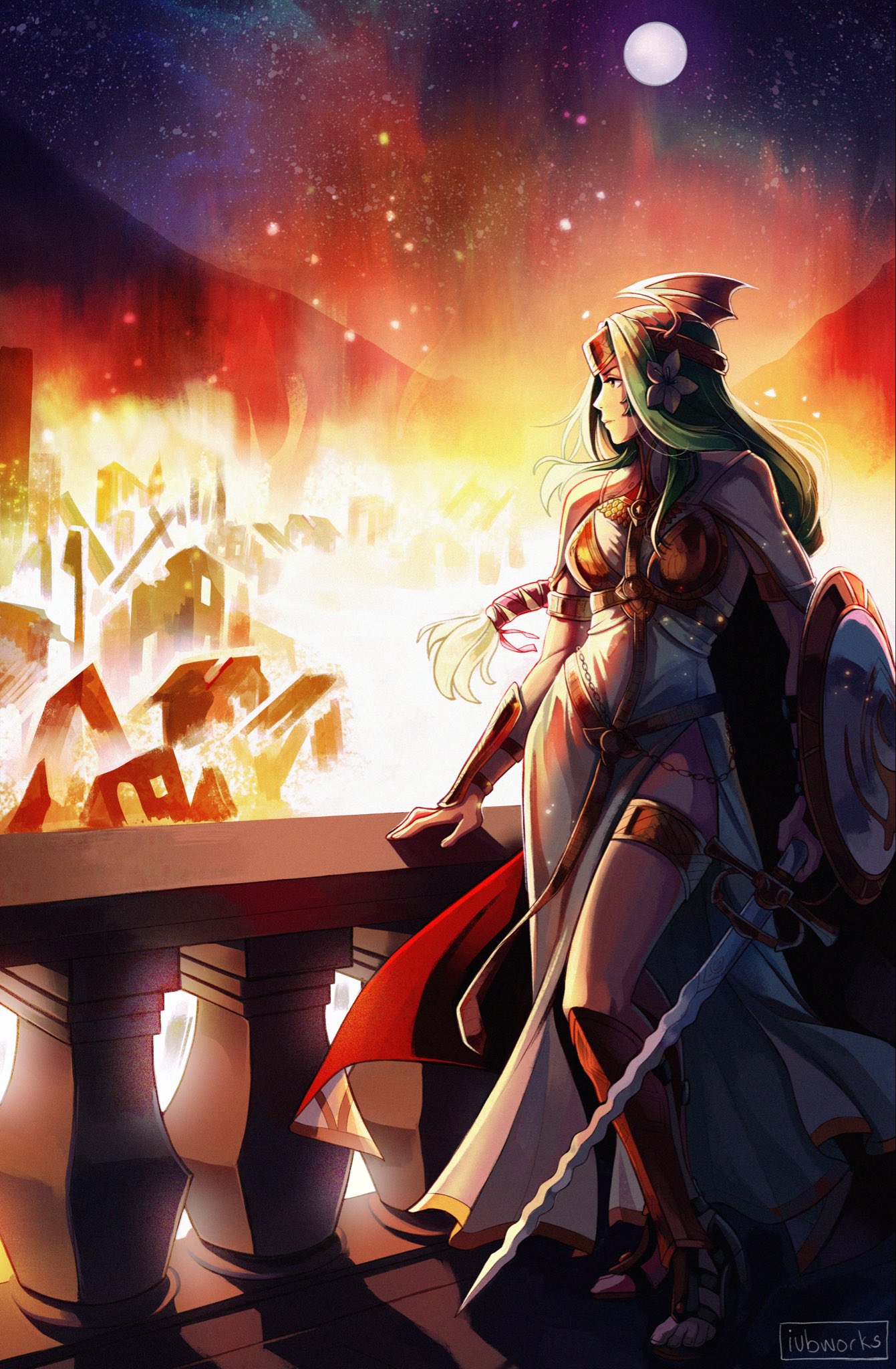 iubworks, seiros (fire emblem), fire emblem, fire emblem: three houses, nintendo, highres, 1girl, arm guards, armor, breasts, cape, closed mouth, dress, fake head wings, fire, flower, full moon, gladiator sandals, green eyes, green hair, hair flower, hair ornament, holding, holding shield, holding sword, holding weapon, large breasts, long hair, medium breasts, moon, night, night sky, outdoors, sandals, seiros shield, shield, sky, solo, sword, sword of seiros, thighs, weapon, winged hair ornament