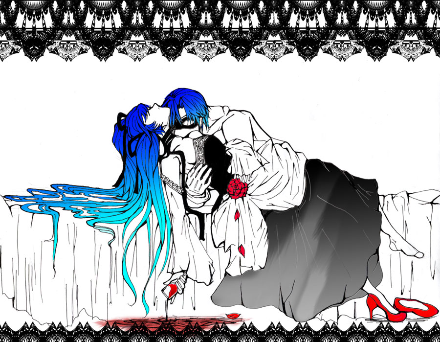nyakonbu, hatsune miku, kaito (vocaloid), cantarella, cantarella (vocaloid), vocaloid, 1boy, 1girl, alcohol, blue hair, detached sleeves, dress, flower, glass, gradient hair, hair ribbon, long hair, lying, mask, monochrome, multicolored hair, petals, ribbon, rose, shoes, single shoe, spilling, spot color, twintails, very long hair, wine