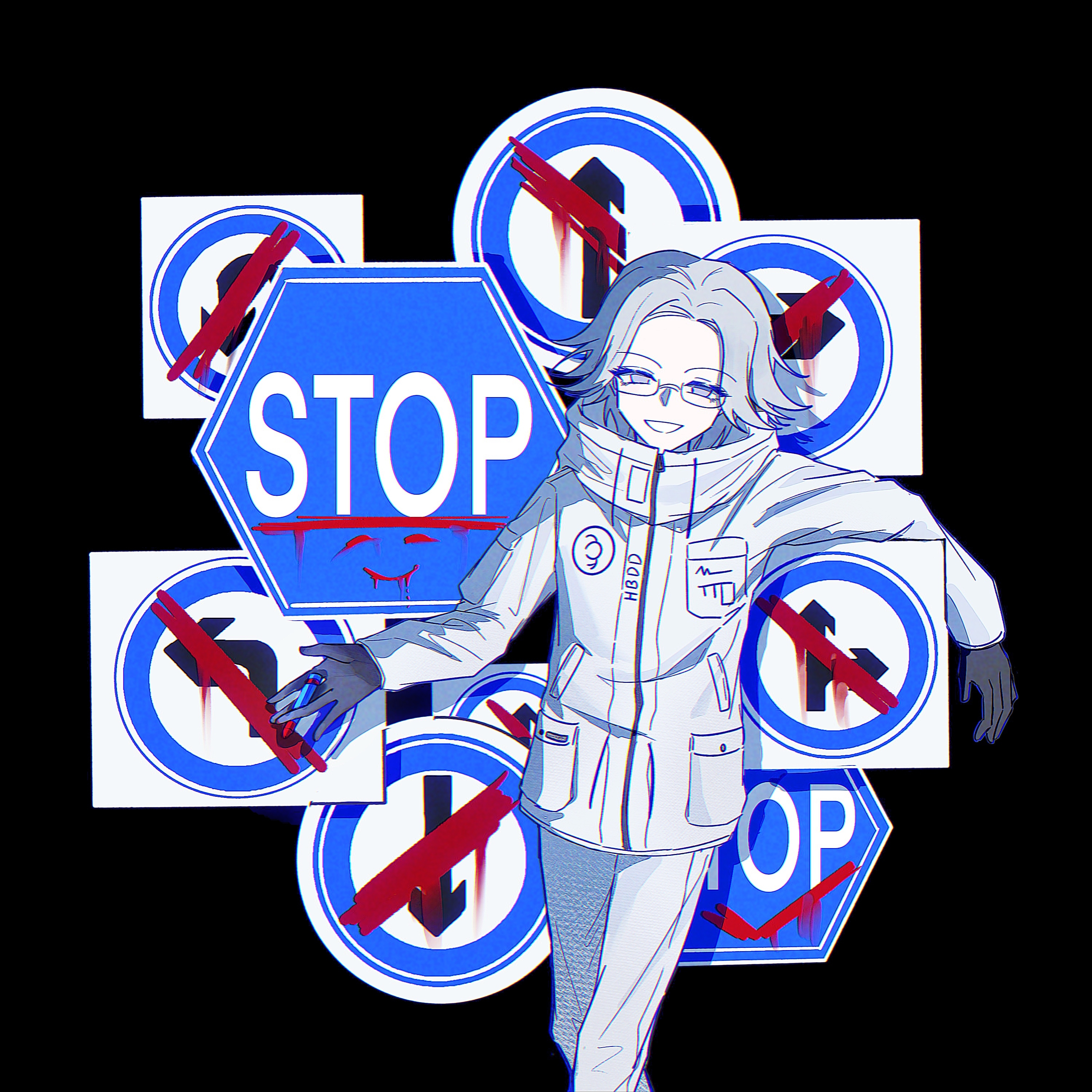 aotsuki eito, the hundred line -last defense academy-, absurdres, chinese commentary, commentary request, highres, variant set, 1boy, black background, breast pocket, glasses, gloves, graffiti, grey hair, grin, jacket, looking at viewer, male focus, mizongwenwu, one way sign, pocket, purple eyes, road sign, short hair, sign, smile, solo, stop sign, turn left sign, turn right sign, white jacket