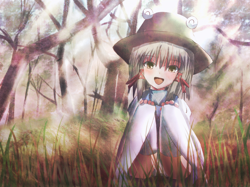 non (nobu), moriya suwako, touhou, 1girl, blonde hair, blush, female focus, hair ribbon, hands on own knees, hat, open mouth, panties, pantyshot, ribbon, sitting, solo, thighhighs, twintails, underwear, white thighhighs, yellow eyes