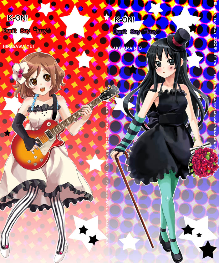 peia, akiyama mio, hirasawa yui, don't say "lazy", k-on!, blue legwear, striped legwear, vertical-striped legwear, 00s, 2girls, aqua pantyhose, black eyes, black hair, bouquet, brown eyes, brown hair, cane, dress, electric guitar, facepaint, fingerless gloves, flower, gibson les paul, gloves, guitar, hat, instrument, long hair, mini hat, mini top hat, multiple girls, pantyhose, short hair, striped clothes, striped pantyhose, top hat, vertical-striped clothes, vertical-striped pantyhose