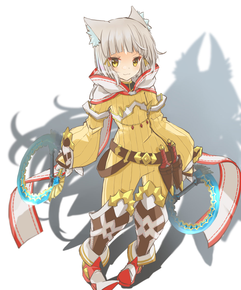 usakumapo nano, nia (xenoblade), xenoblade chronicles (series), xenoblade chronicles 2, highres, 1girl, animal ear fluff, animal ears, arched bangs, belt, boots, cat ears, facial mark, gloves, grey hair, hood, jumpsuit, pear-shaped figure, short hair, smile, solo, white gloves, yellow eyes, yellow jumpsuit